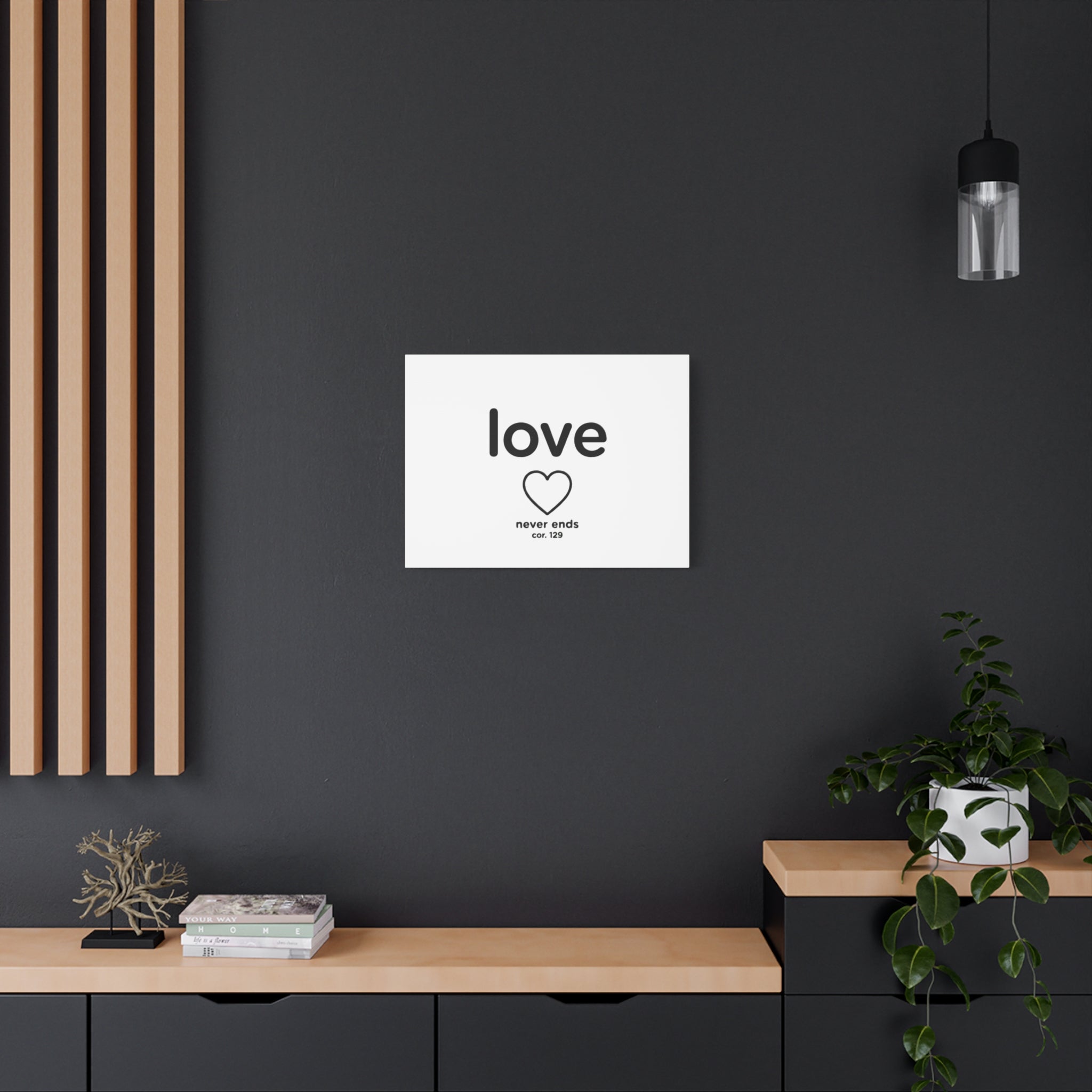 Canvas Wall Art — "love" Heart with "never ends cor. 129" Minimalist Print