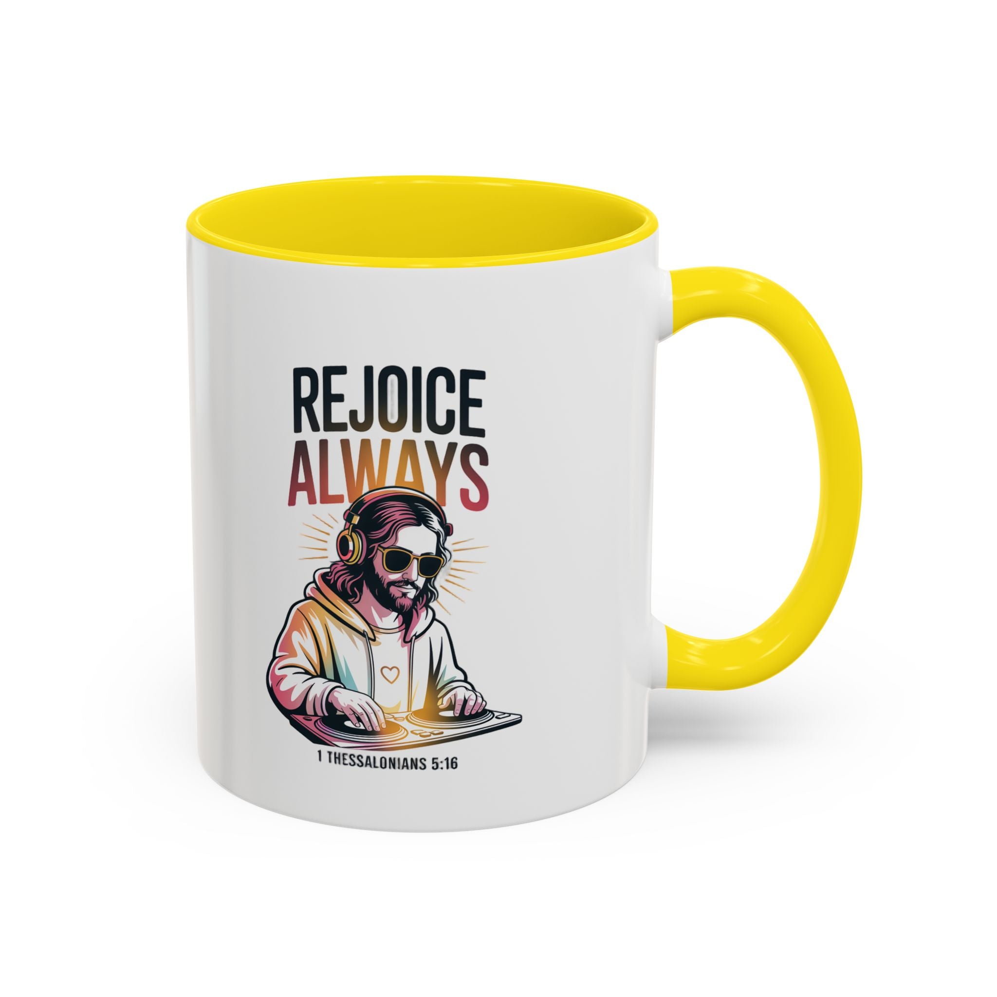 Rejoice Always DJ Coffee Mug — Accent Ceramic Bible Verse Mug (11/15 oz)