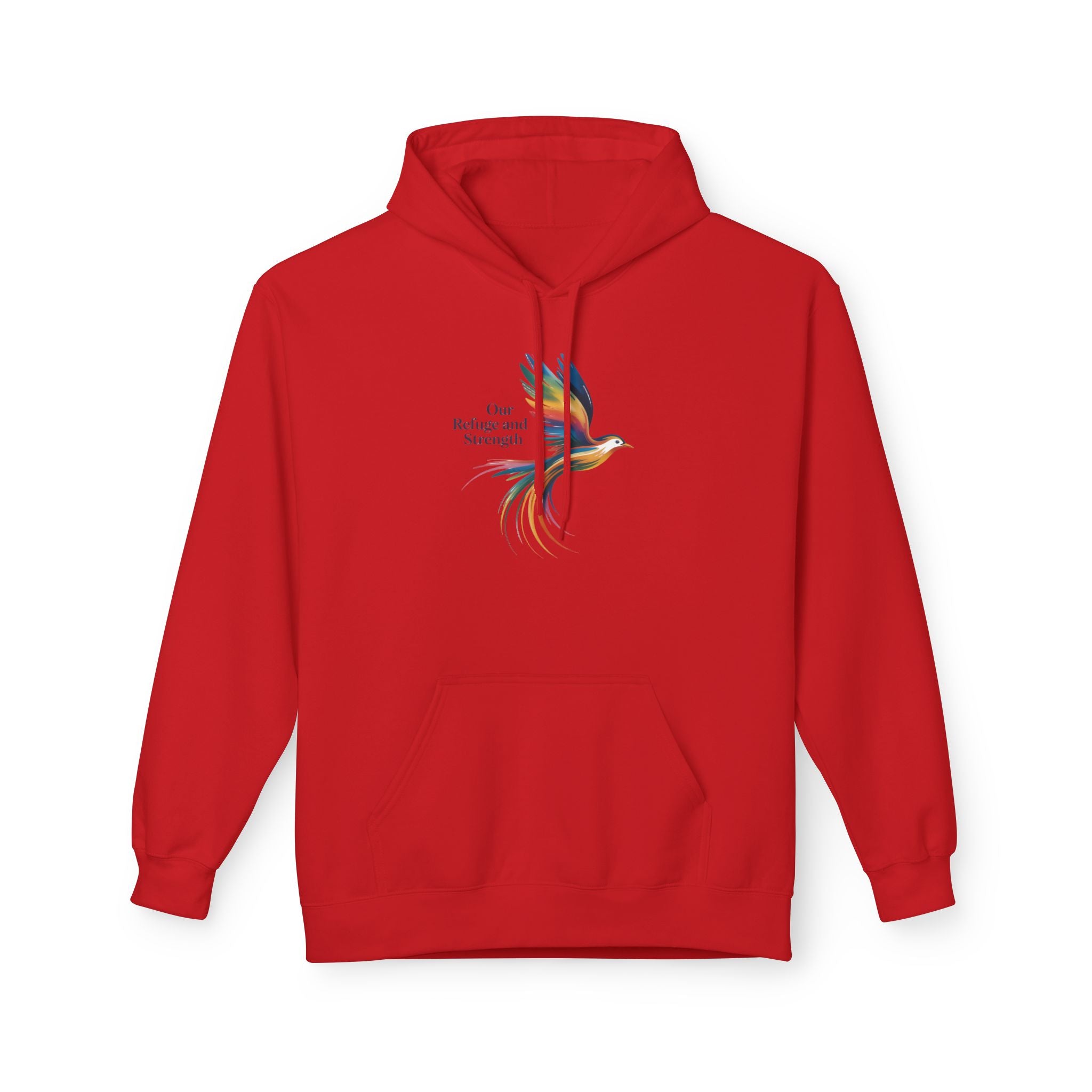 Freedom Sparrow Hoodie — Colorful Bird “One Refuge One Strength” Chest Print