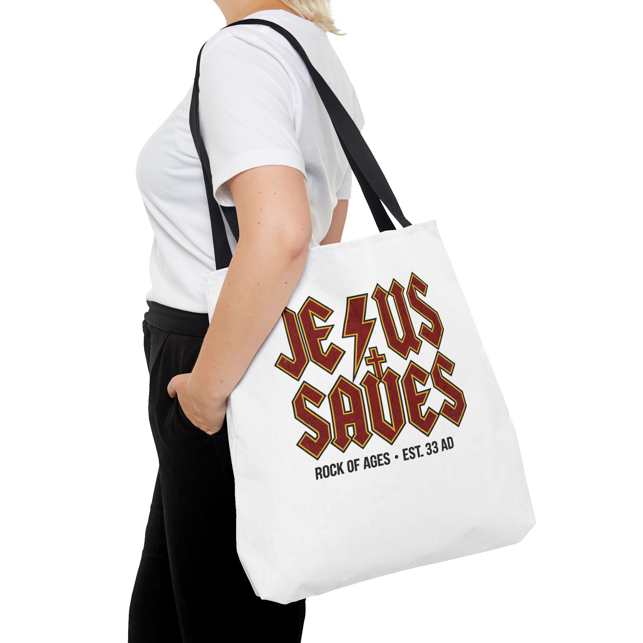 Jesus Saves Tote Bag — Rock of Ages Vintage Christian Tote