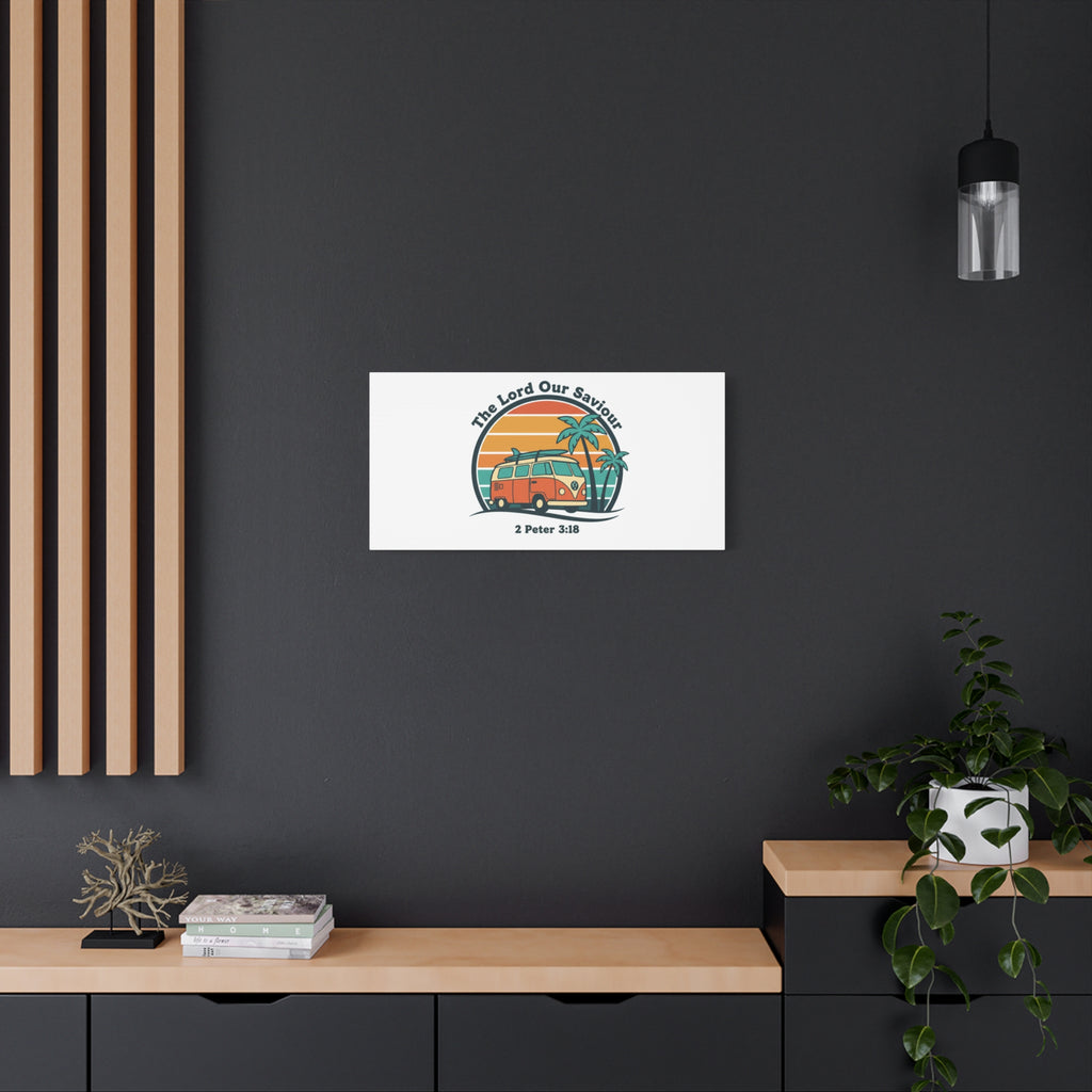 The Lord our Saviour, Retro Surf Sunset Canvas | 70s Van Palm Postcard, Analog Sunshine Aesthetic