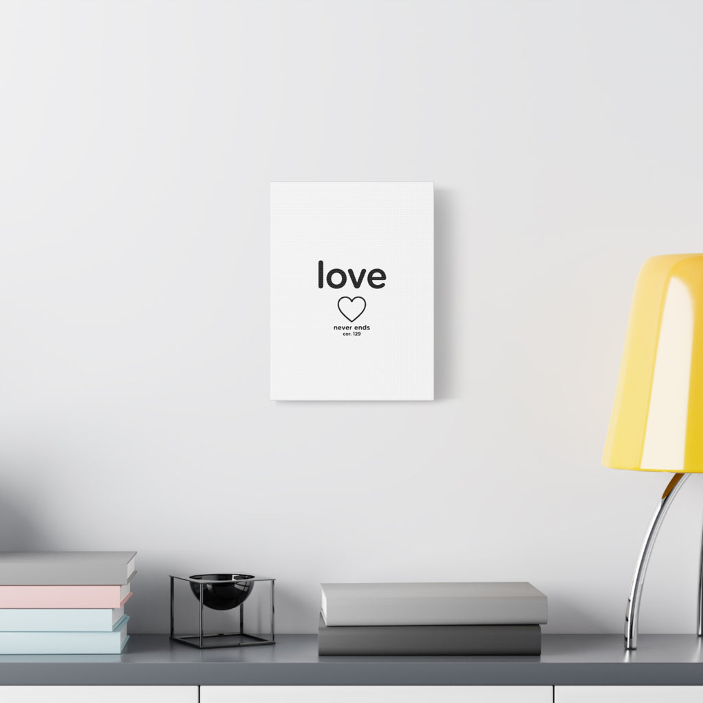 Canvas Wall Art — "love" Heart with "never ends cor. 129" Minimalist Print