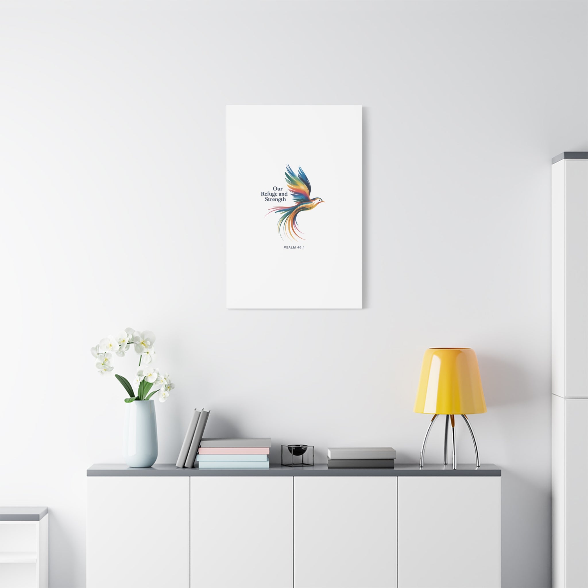 Matte Canvas Bird Wall Art — "Our Refuge & Strength" Psalm Quote