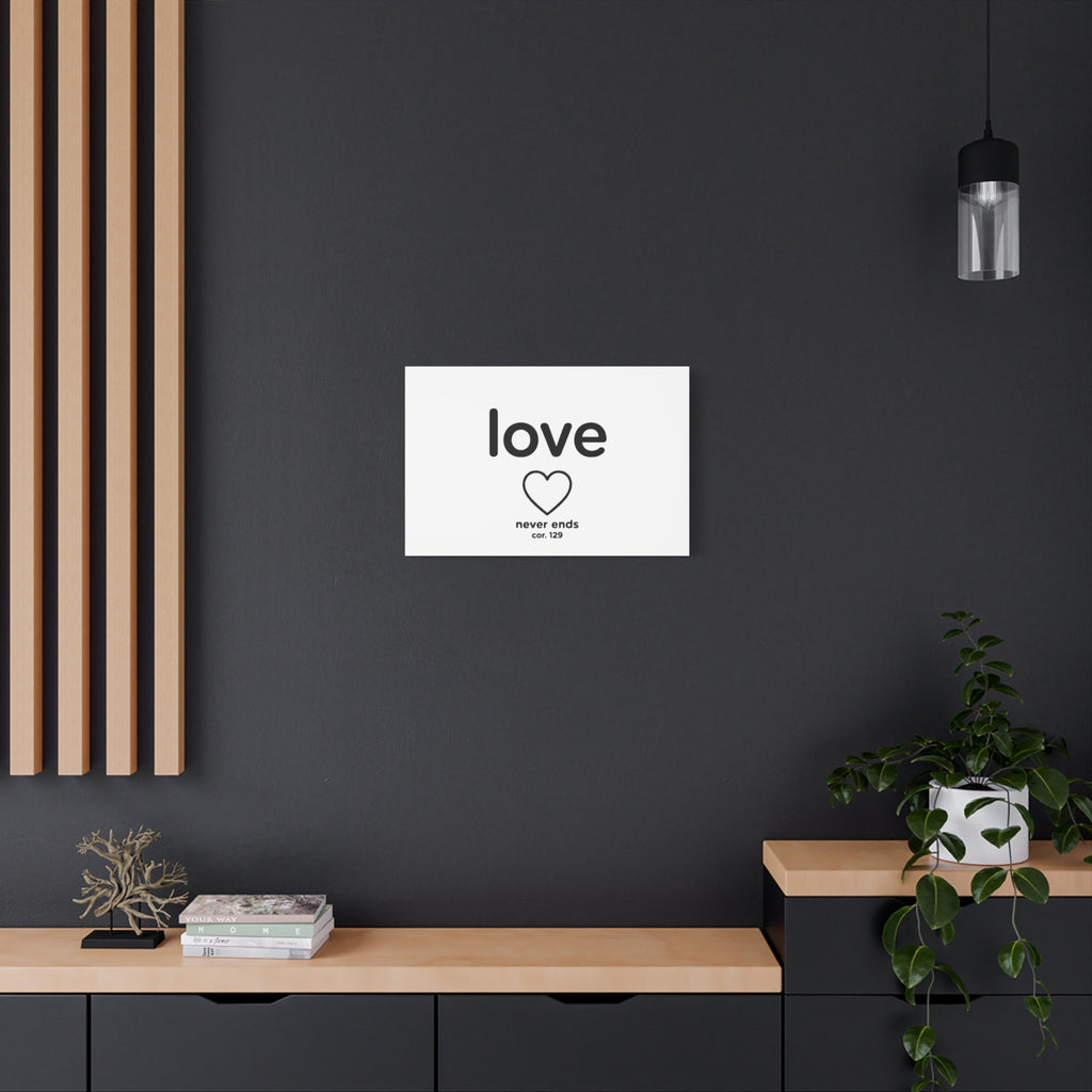 Canvas Wall Art — "love" Heart with "never ends cor. 129" Minimalist Print
