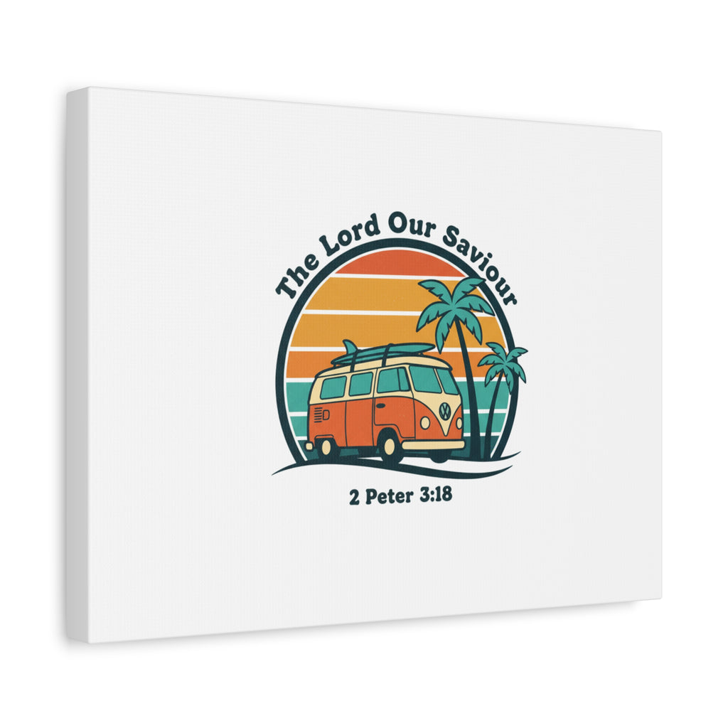 The Lord our Saviour, Retro Surf Sunset Canvas | 70s Van Palm Postcard, Analog Sunshine Aesthetic