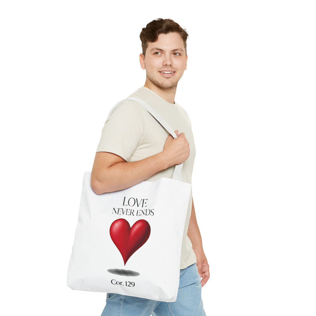 Tote Bag — “Love Never Ends” Heart Tote (Cor. 1:29)