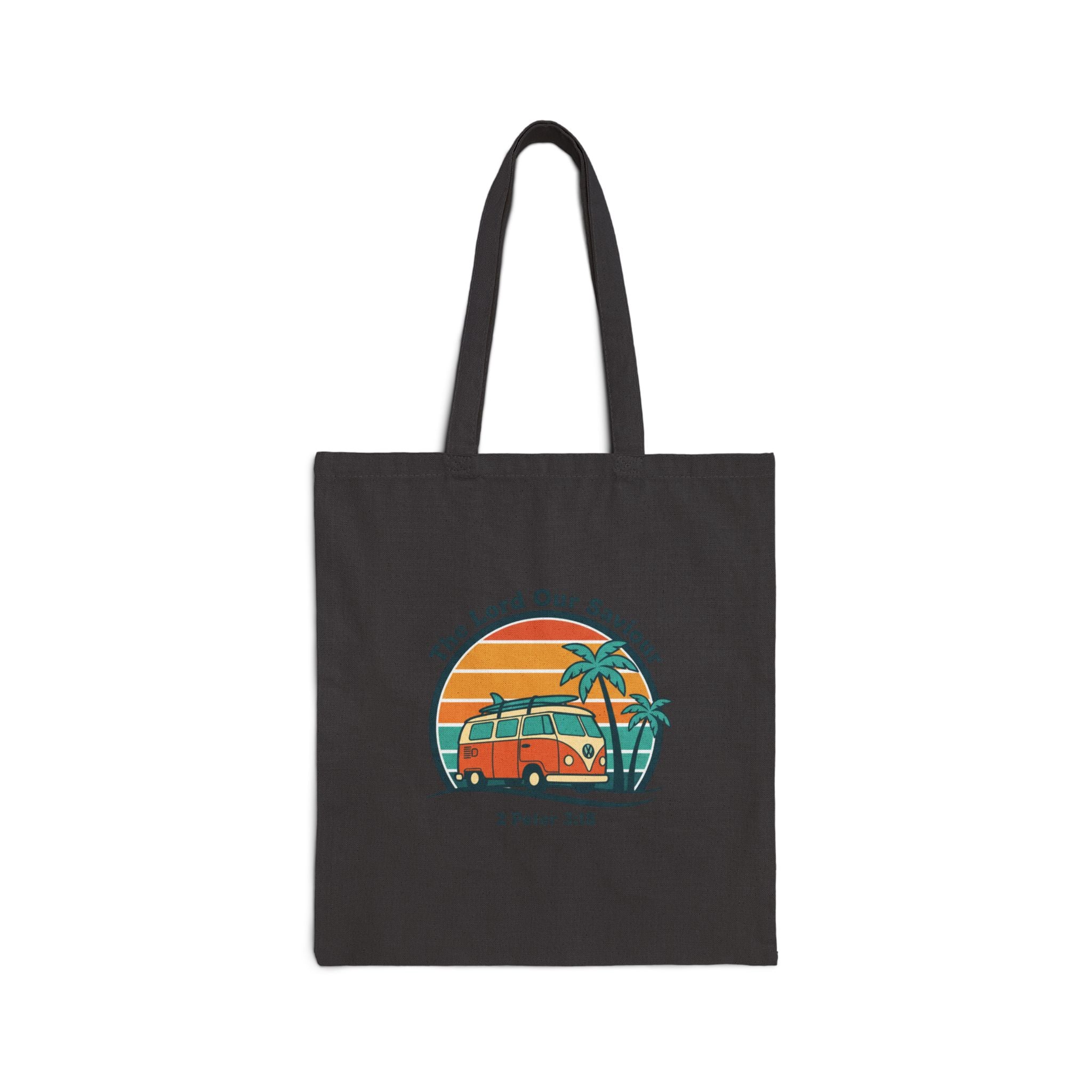 The Lord our Saviour, Retro 70s Sunset Surf Tote, Vintage Palm Golden Hour Canvas