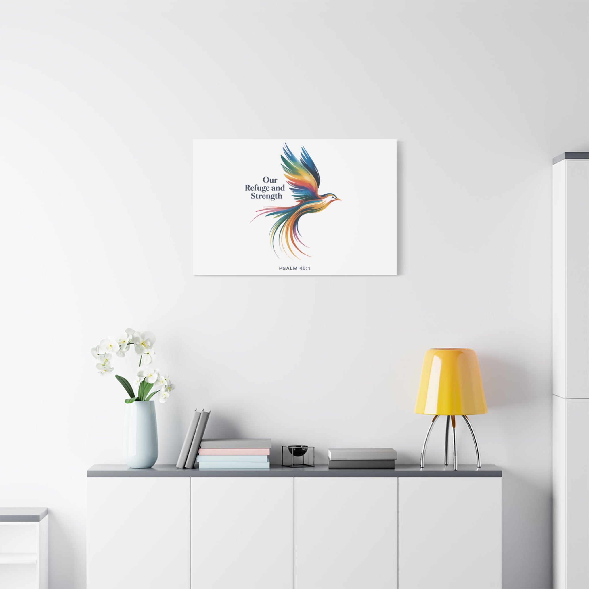 Matte Canvas Bird Wall Art — "Our Refuge & Strength" Psalm Quote