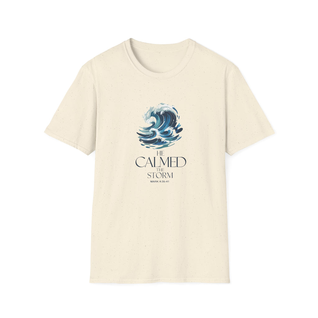 He Calmed the Storm Christian T-Shirt — Dramatic Waves Faith Tee