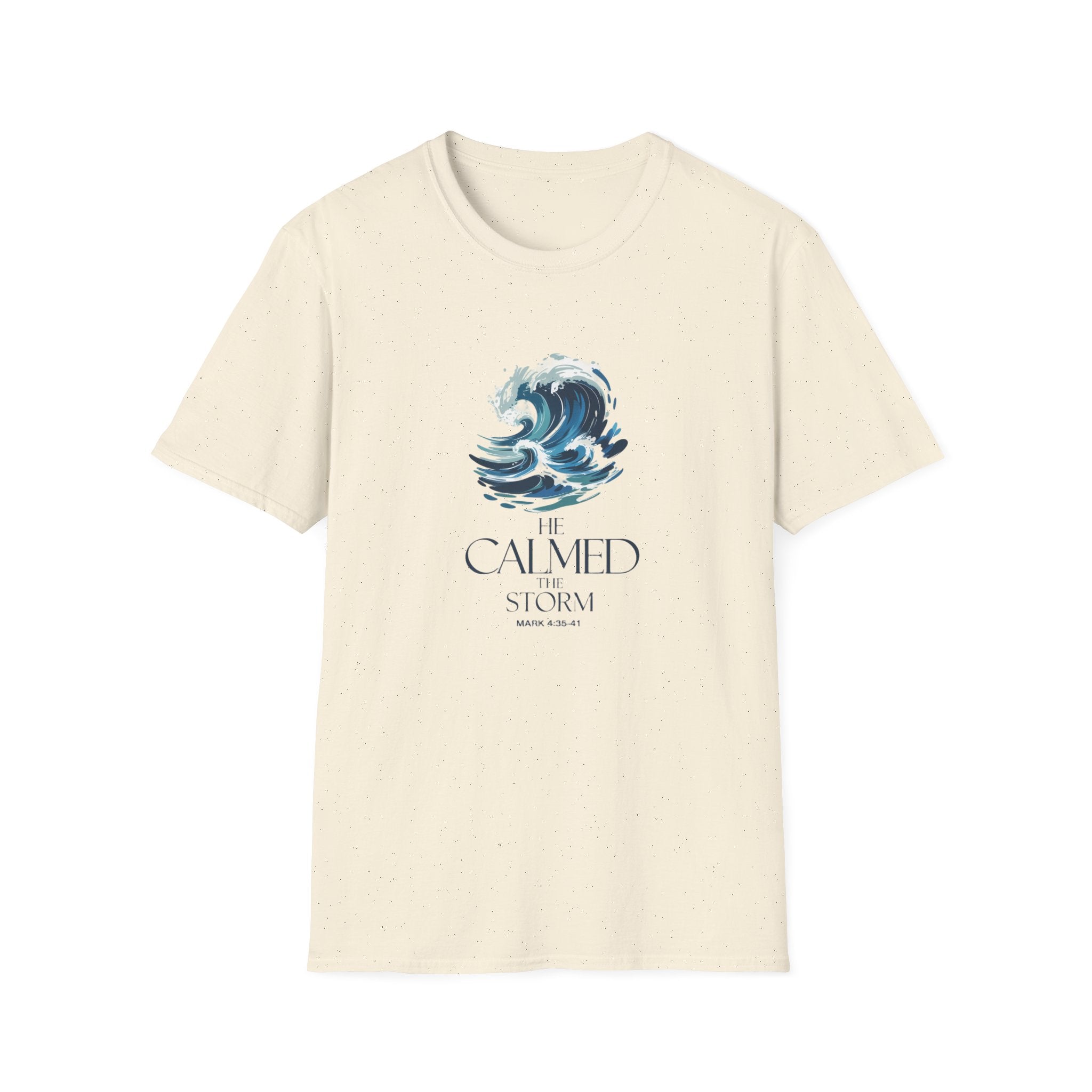 He Calmed the Storm Christian T-Shirt — Dramatic Waves Faith Tee