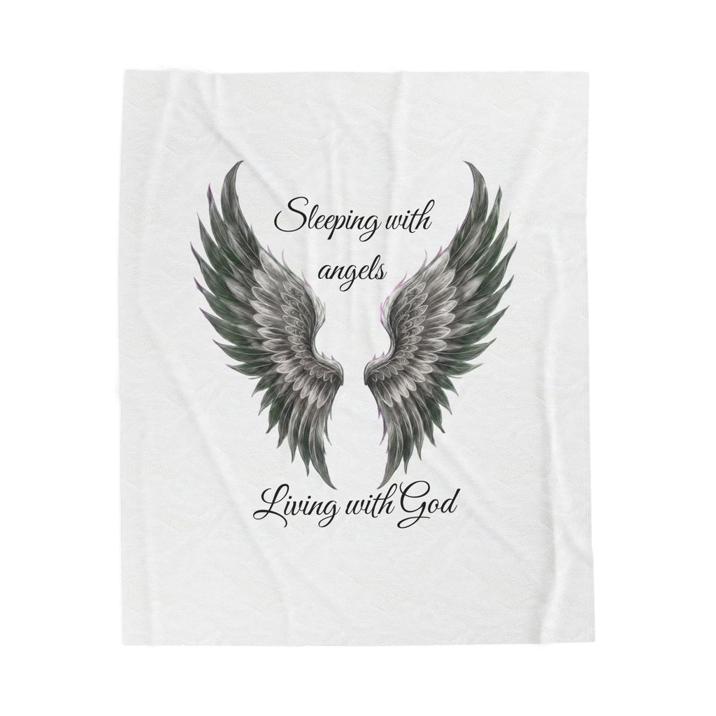 Velveteen Plush Blanket — Angel Wings "Sleeping with Angels, Living with God" B/W