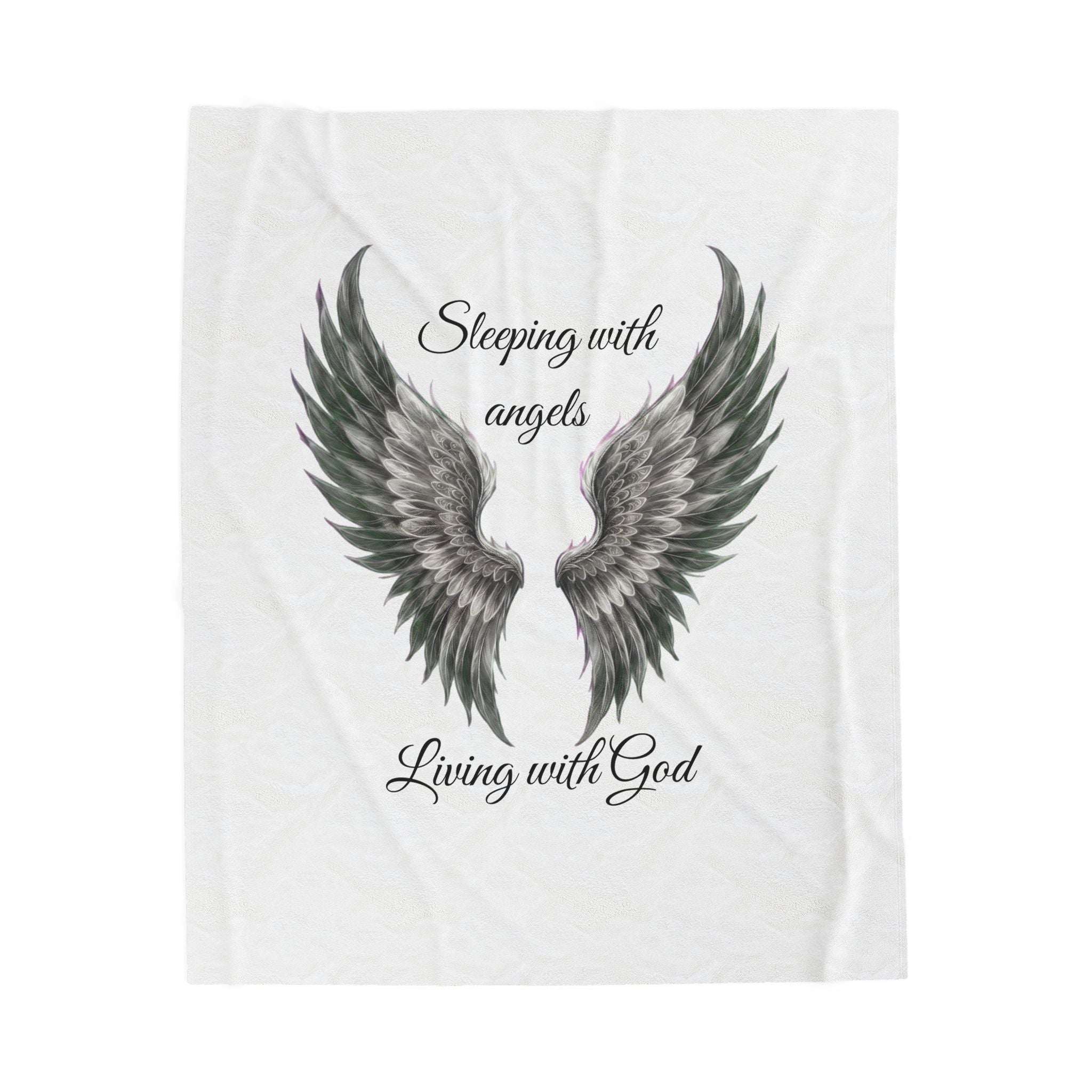 Copy of Velveteen Plush Blanket — Angel Wings "Sleeping with Angels, Living with God" B/W