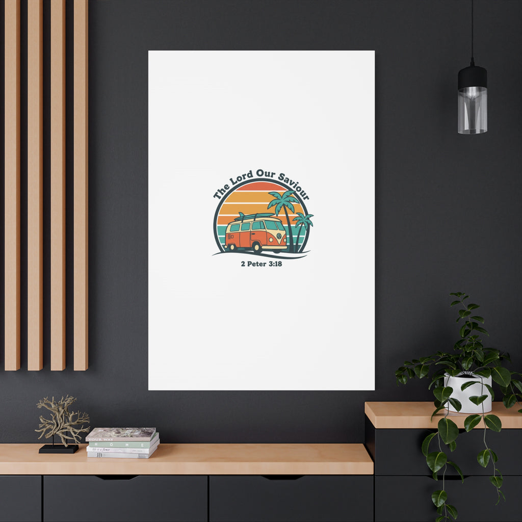 The Lord our Saviour, Retro Surf Sunset Canvas | 70s Van Palm Postcard, Analog Sunshine Aesthetic
