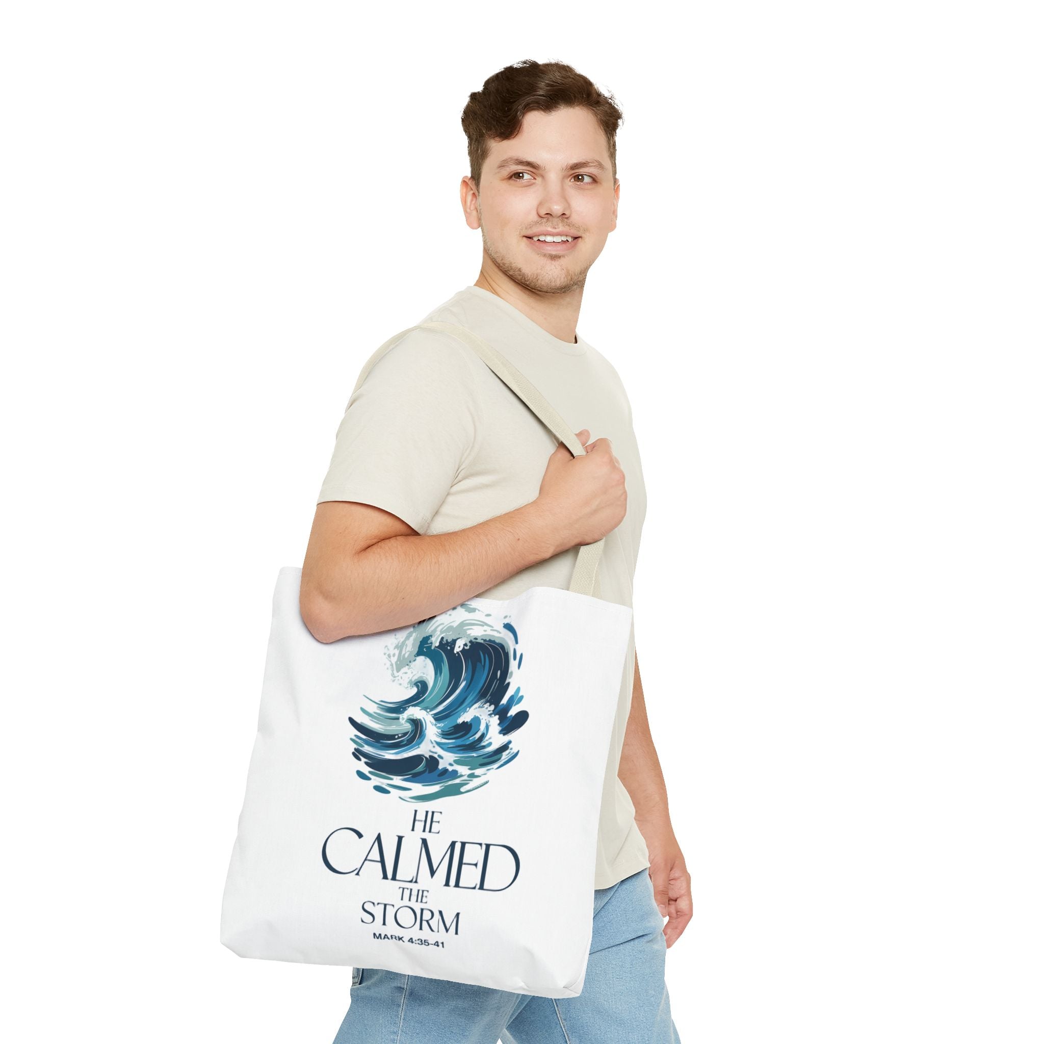 Calmed the Storm Tote Bag — Inspirational Bible Verse Mark 4:39-41 Canvas Tote