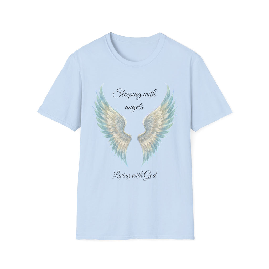 Blue Angel Wings T-Shirt — “Sleeping with angels, living with God.” Christian Faith Tee