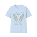 Blue Angel Wings T-Shirt — “Sleeping with angels, living with God.” Christian Faith Tee