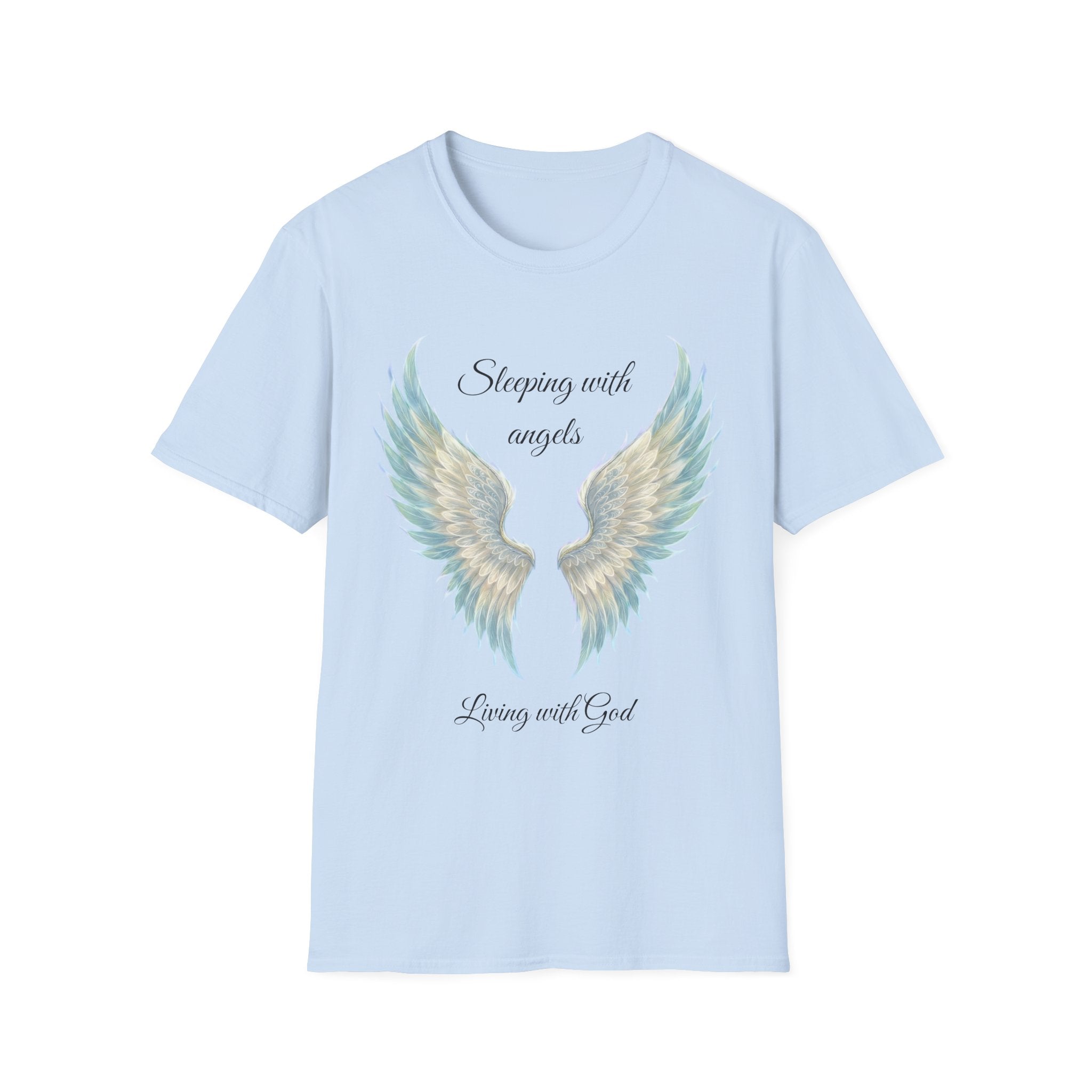 Blue Angel Wings T-Shirt — “Sleeping with angels, living with God.” Christian Faith Tee