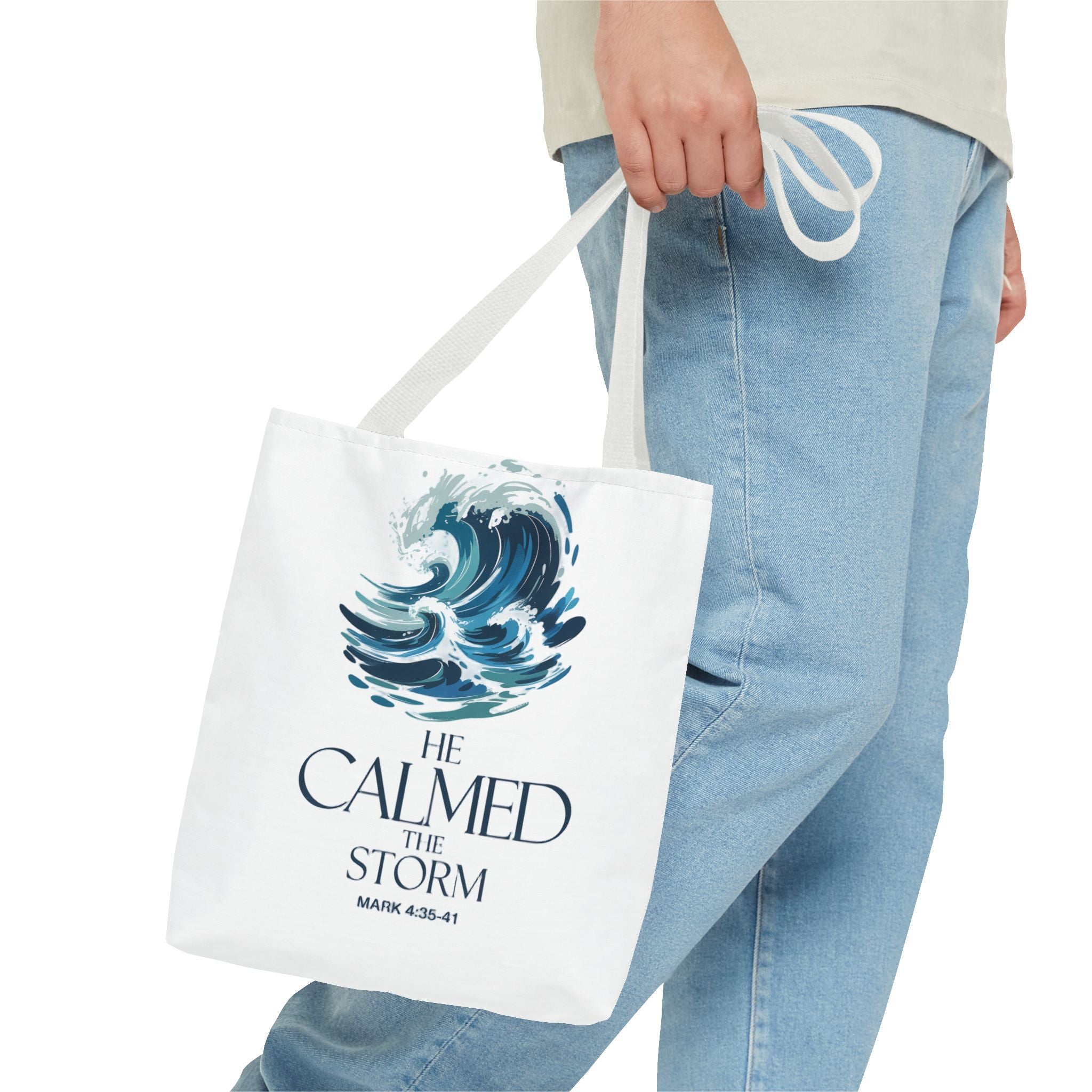 Calmed the Storm Tote Bag — Inspirational Bible Verse Mark 4:39-41 Canvas Tote