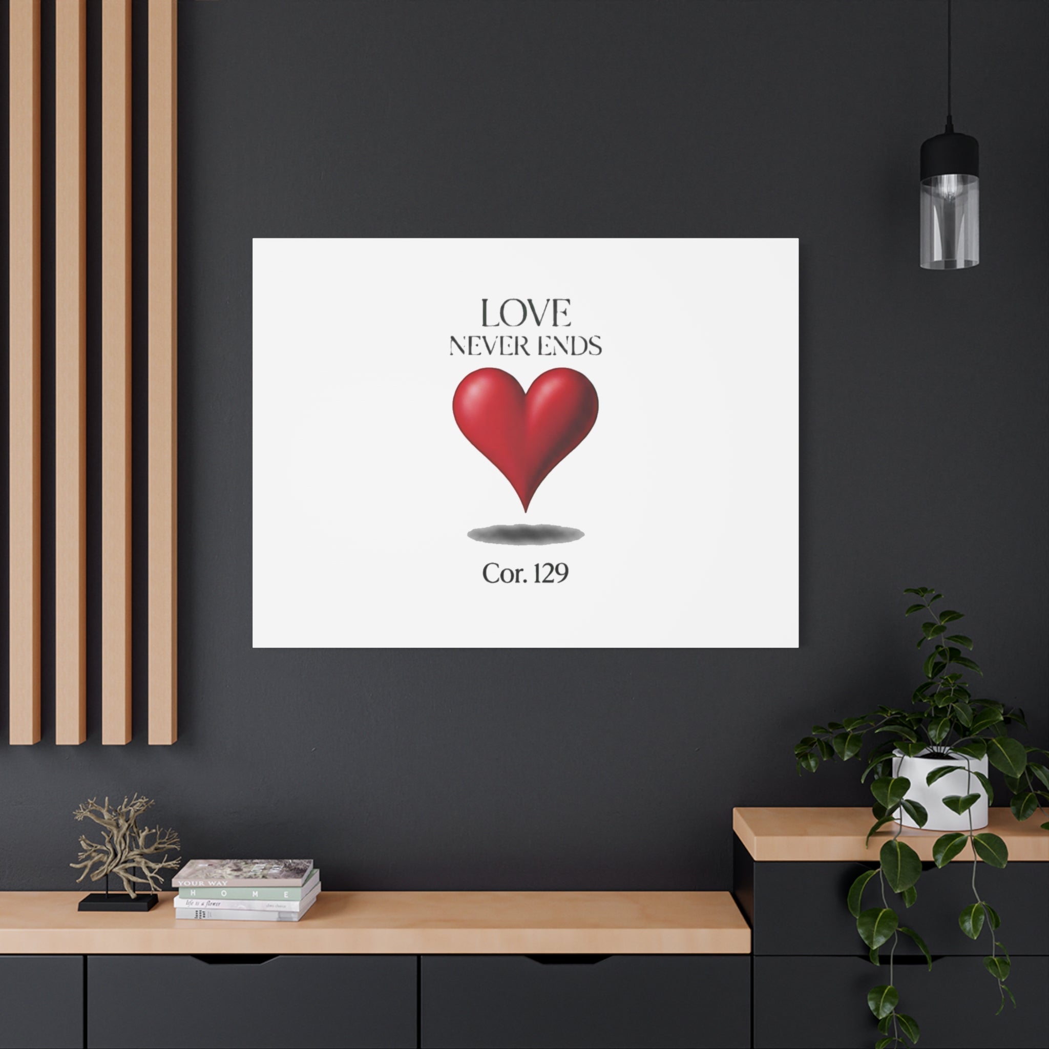 Love Never Ends Canvas Wall Art — Red Heart "Cor. 1:29" Matte Stretched Canvas