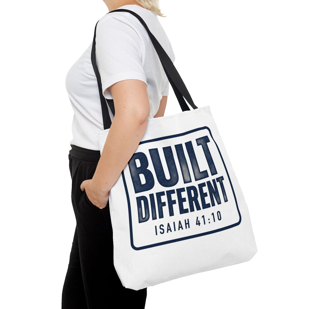 Built Different Tote Bag — Isaiah 41:10 Inspirational Canvas Tote