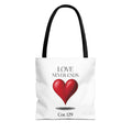 Tote Bag — “Love Never Ends” Heart Tote (Cor. 1:29)