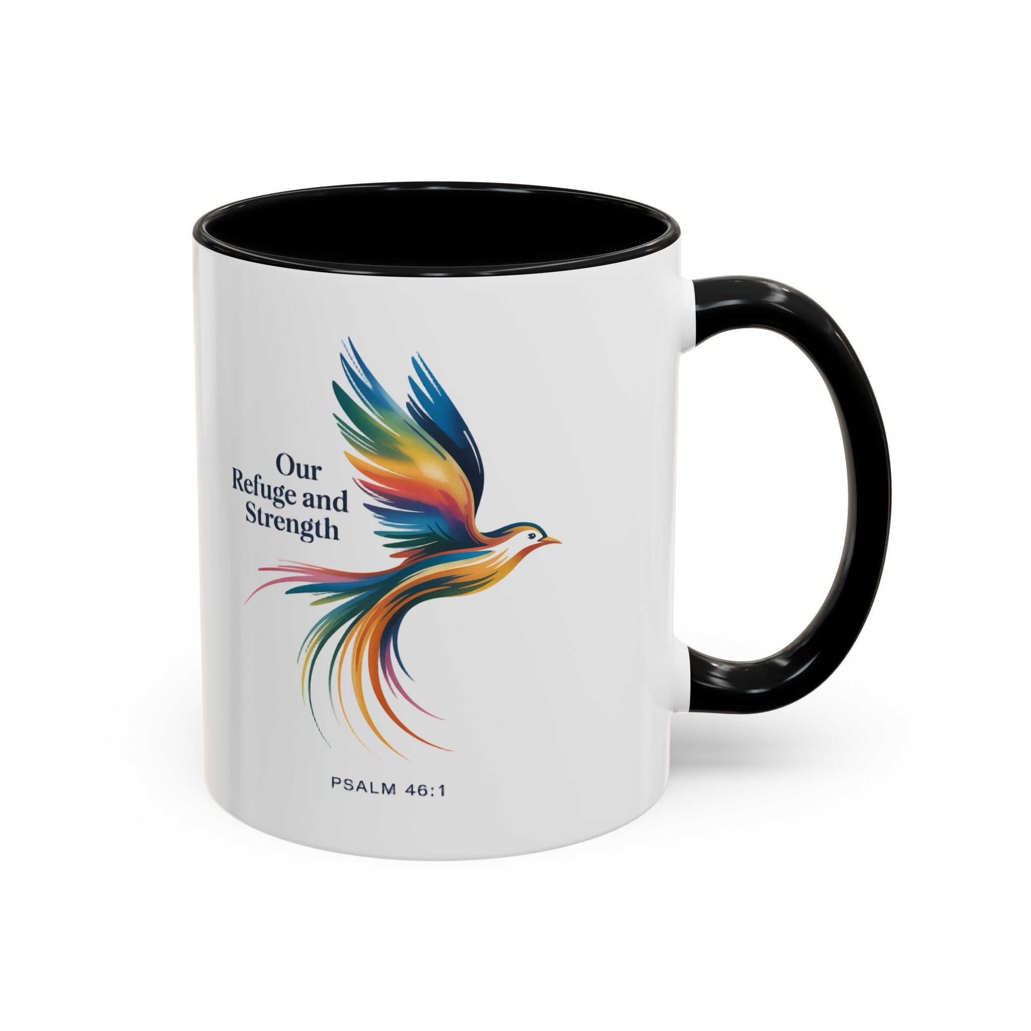 Our Refuge and Strength Accent Coffee Mug — Colorful Bird Psalm Design (11/15 oz)
