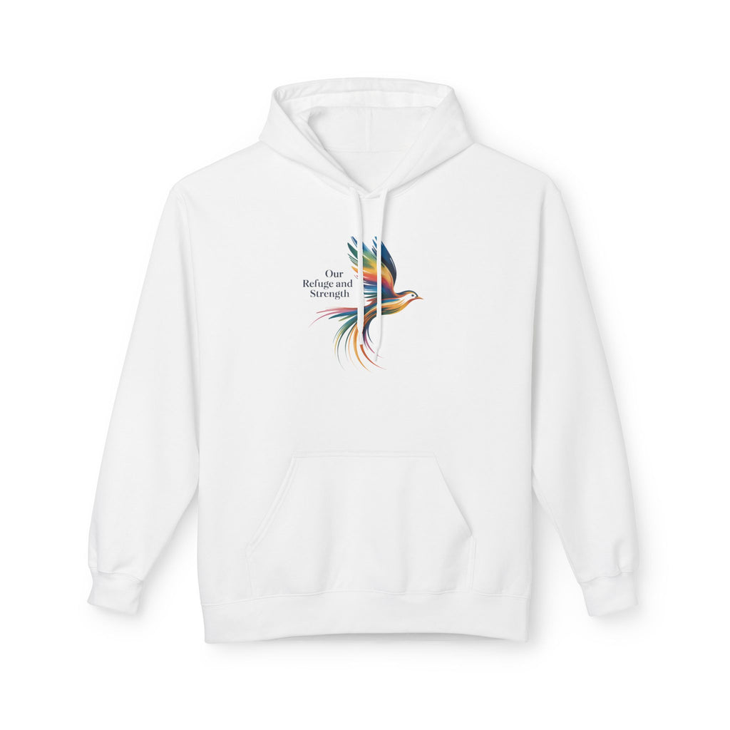 Freedom Sparrow Hoodie — Colorful Bird “One Refuge One Strength” Chest Print