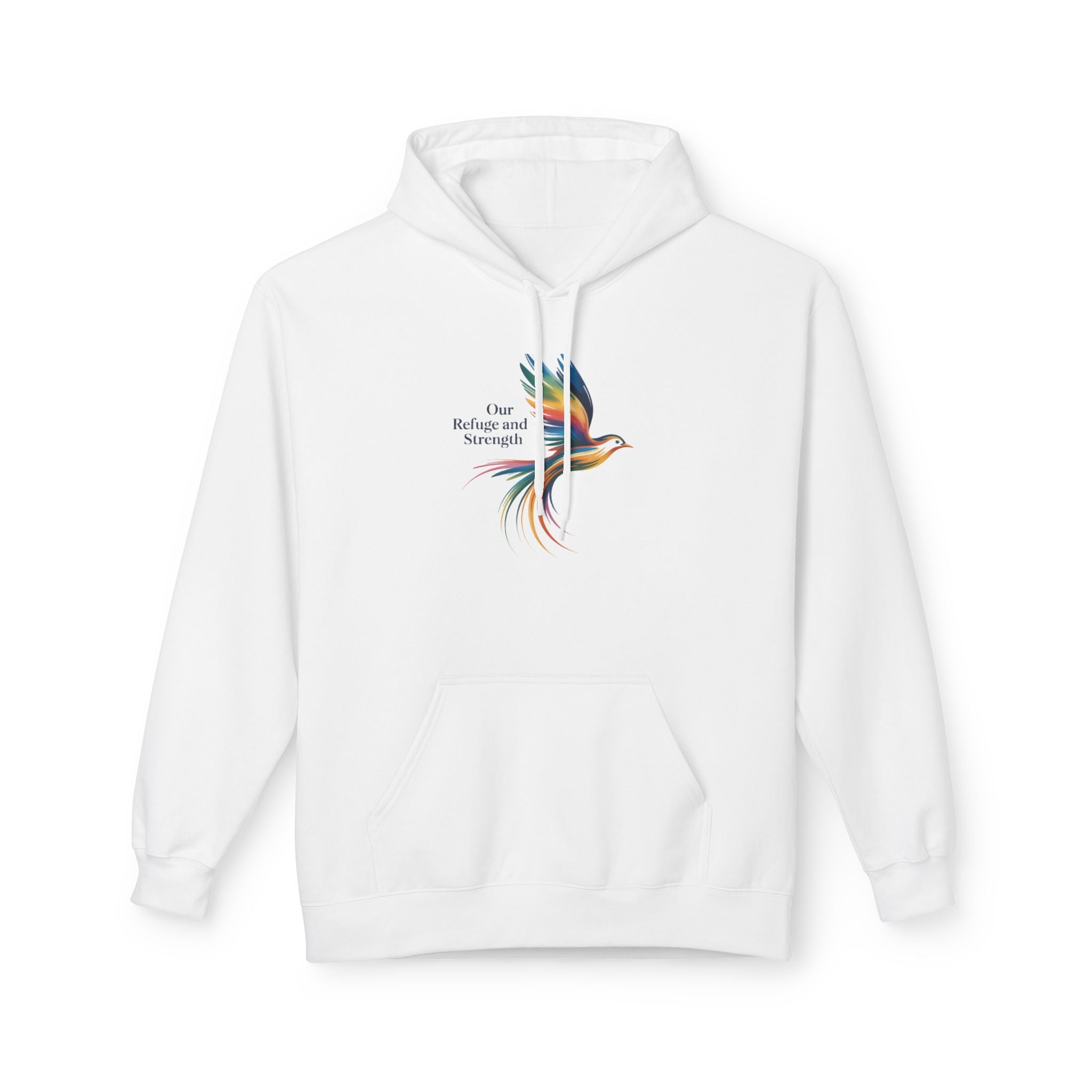 Freedom Sparrow Hoodie — Colorful Bird “One Refuge One Strength” Chest Print