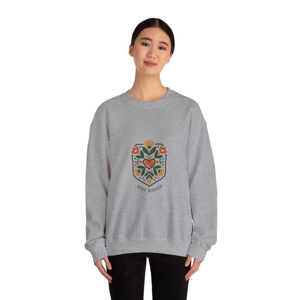 Stay Rooted Folk Botanical Sweatshirt | hand-drawn folk art print, embroidery style