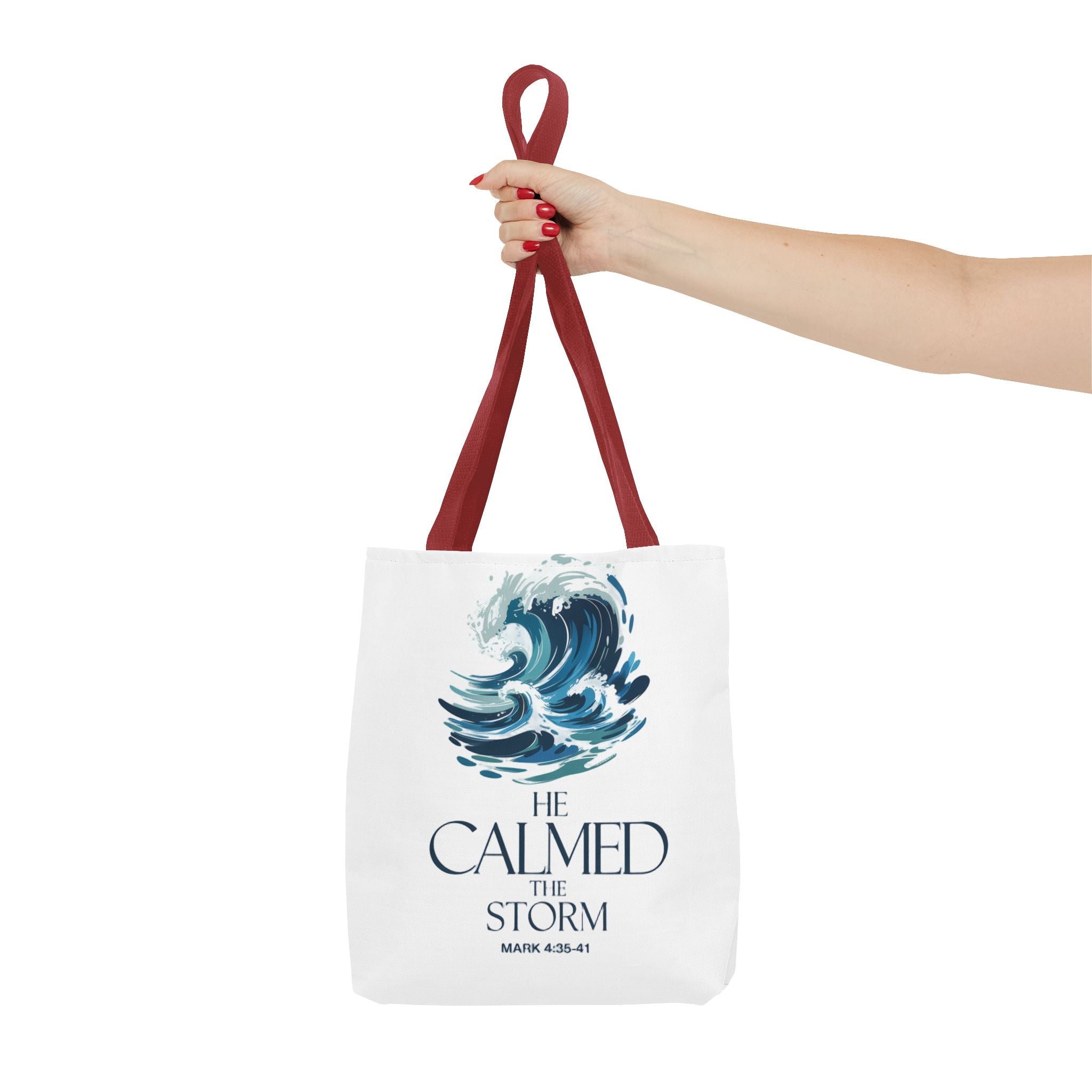 Calmed the Storm Tote Bag — Inspirational Bible Verse Mark 4:39-41 Canvas Tote