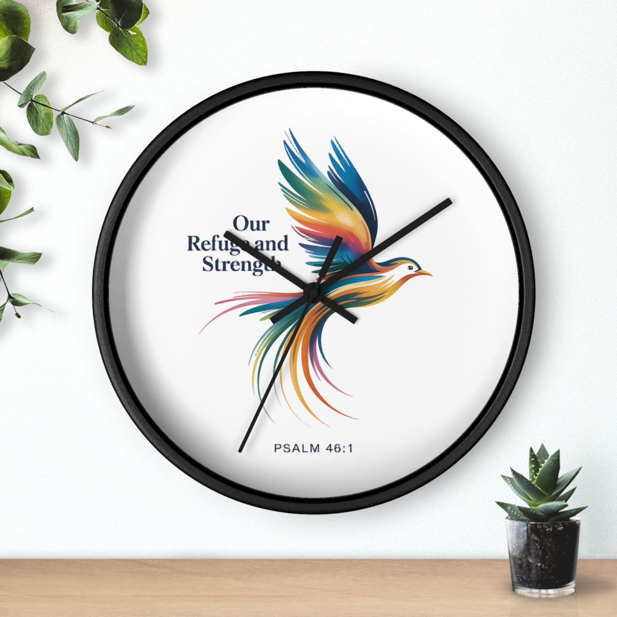 Wall Clock — 'Our Refuge and Strength' Colorful Dove Psalm 46:1 Christian Wall Clock