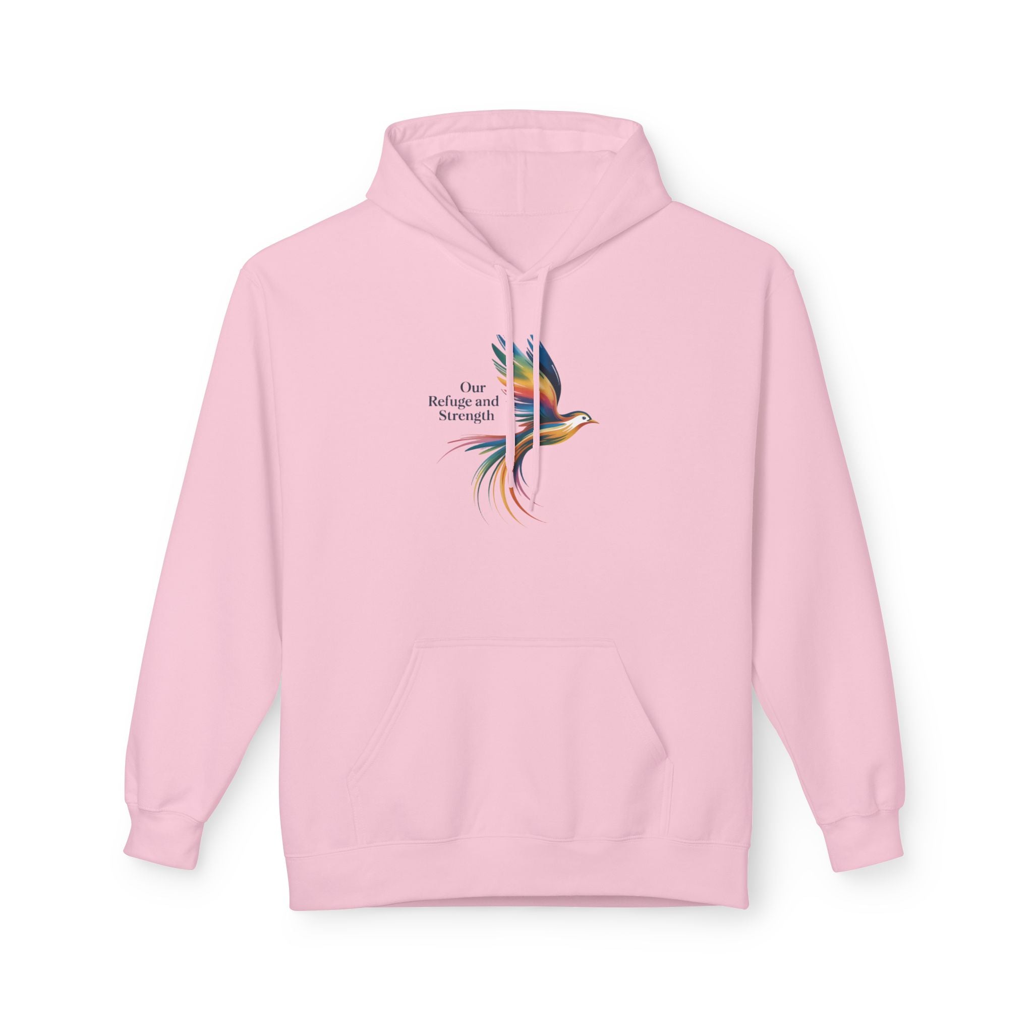 Freedom Sparrow Hoodie — Colorful Bird “One Refuge One Strength” Chest Print