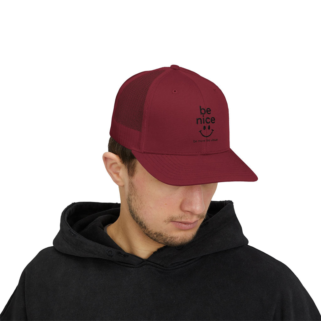 Be Nice Smiley Snapback Trucker Cap — Positive Message Mesh Hat