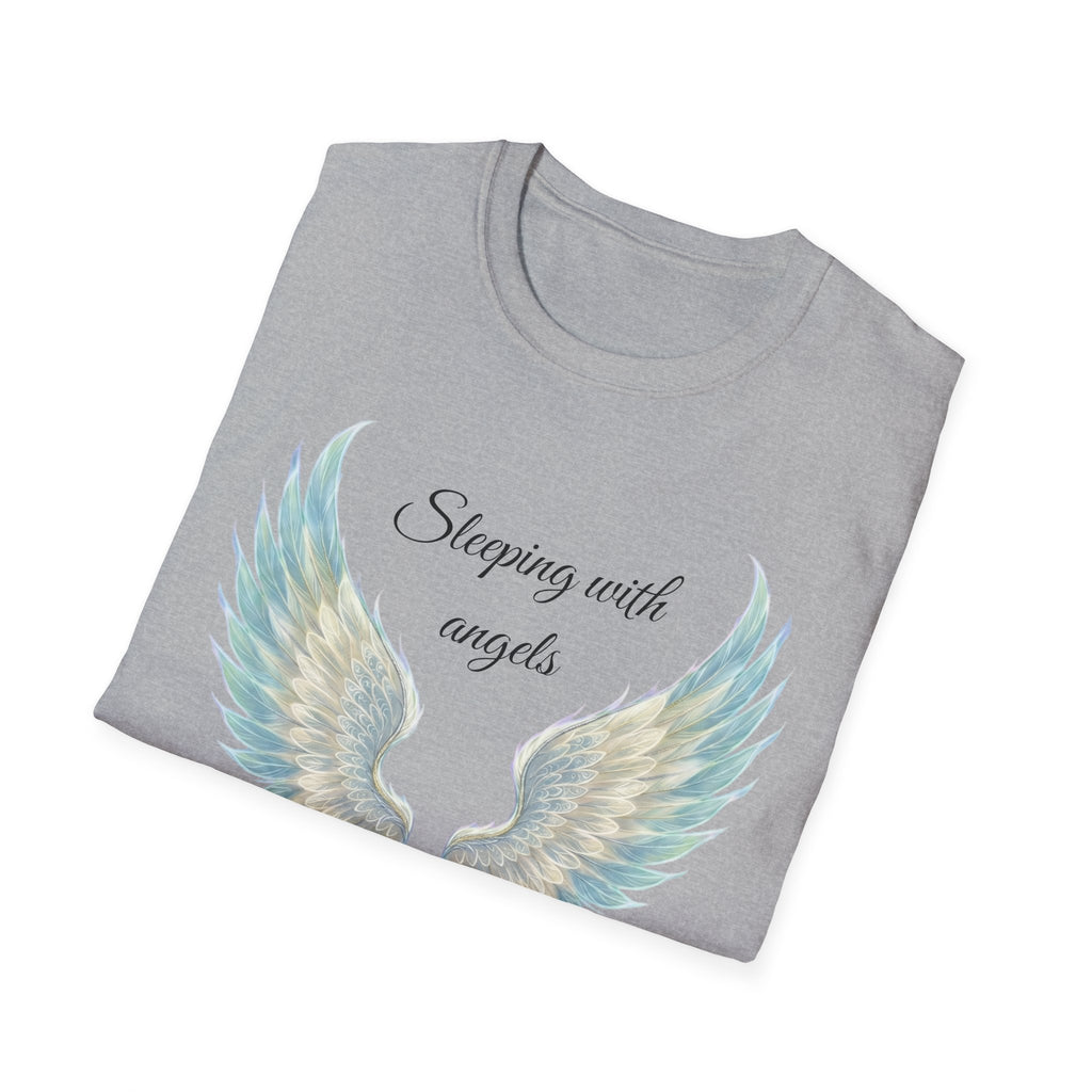 Blue Angel Wings T-Shirt — “Sleeping with angels, living with God.” Christian Faith Tee