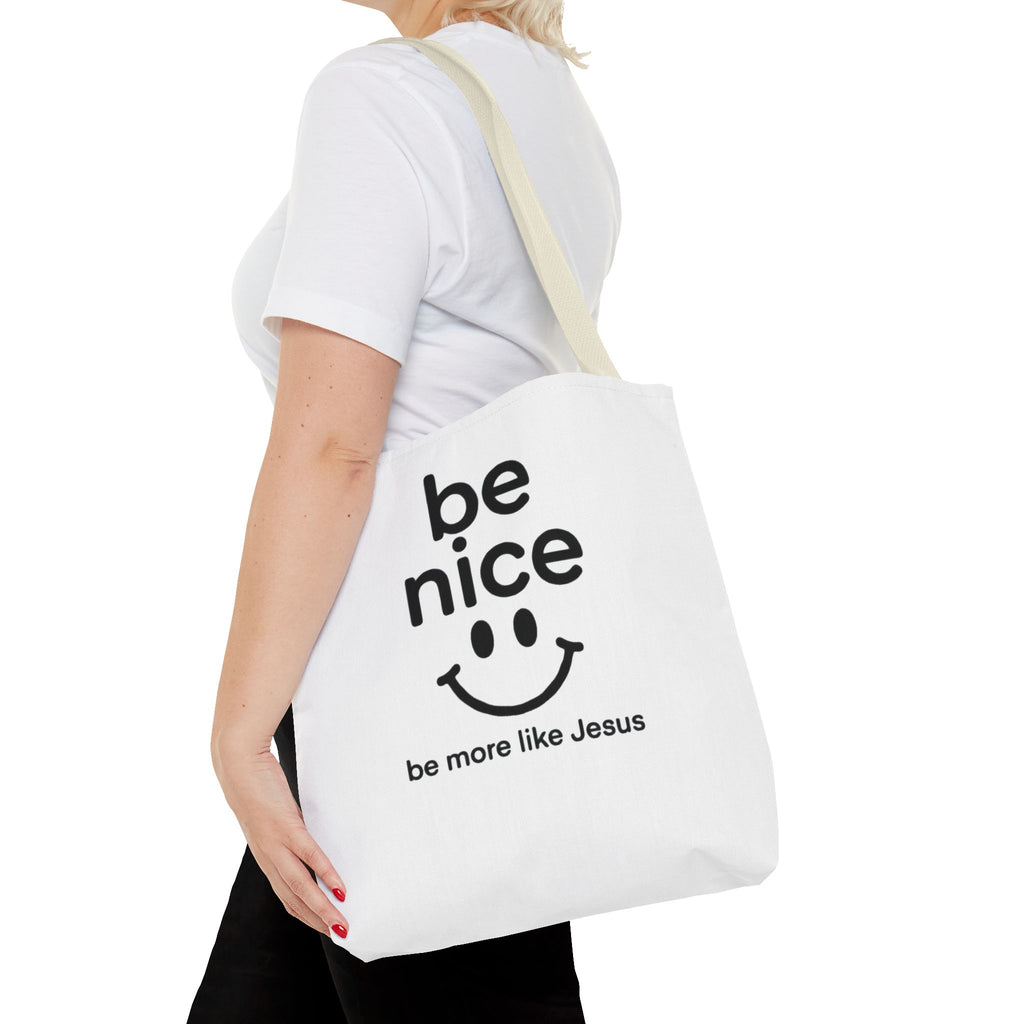 Be Nice Smiley Tote Bag — "be more like Jesus" Inspirational Canvas Tote