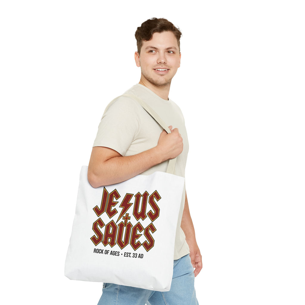 Jesus Saves Tote Bag — Rock of Ages Vintage Christian Tote