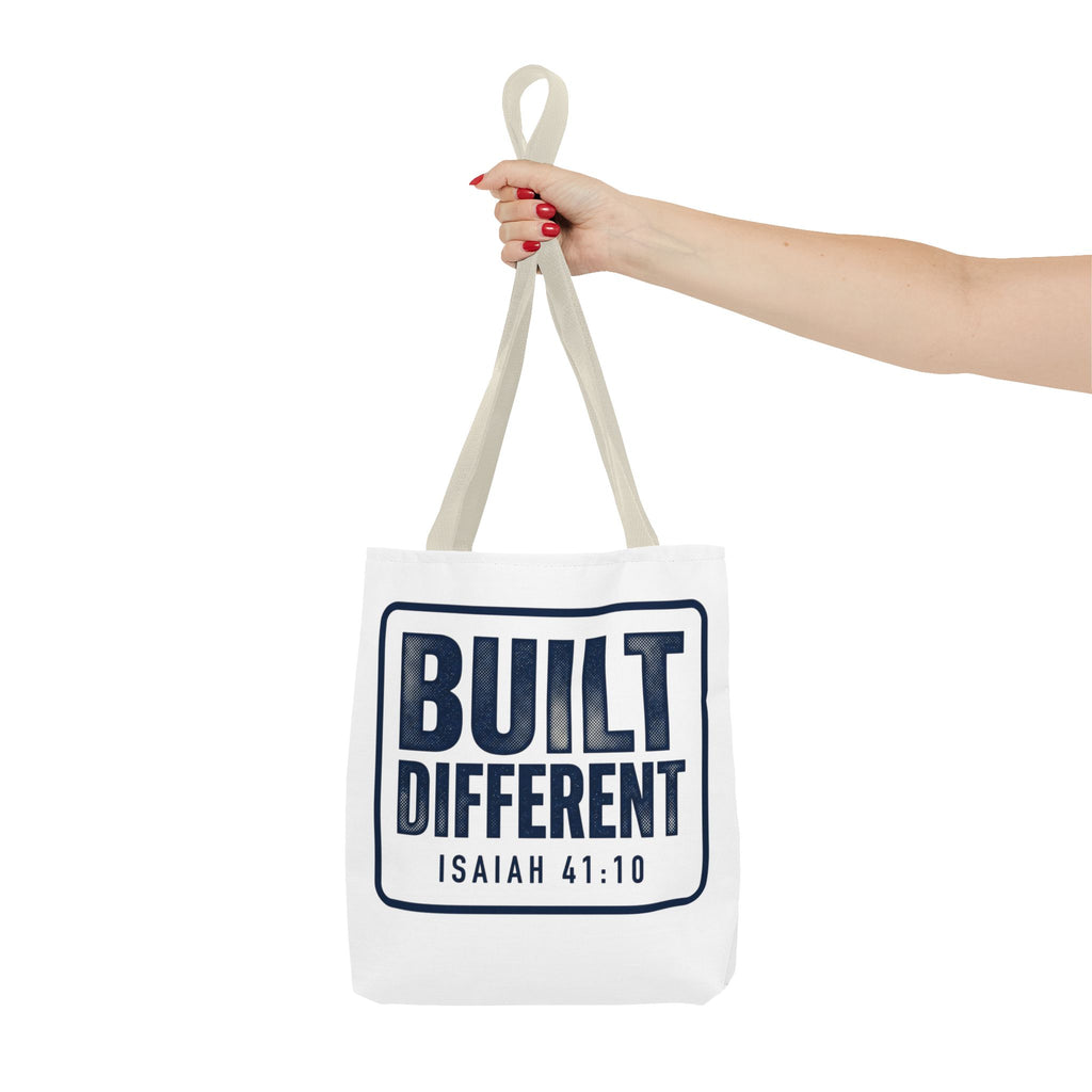 Built Different Tote Bag — Isaiah 41:10 Inspirational Canvas Tote