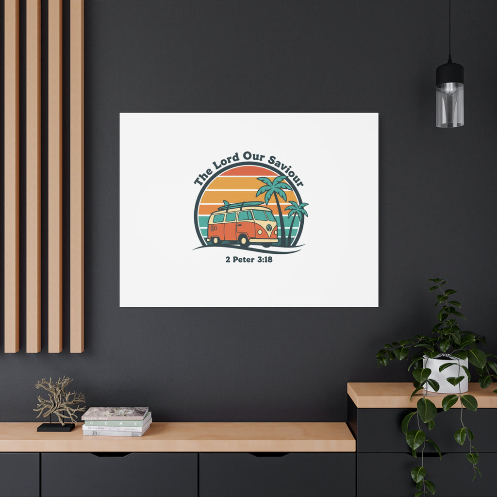 The Lord our Saviour, Retro Surf Sunset Canvas | 70s Van Palm Postcard, Analog Sunshine Aesthetic