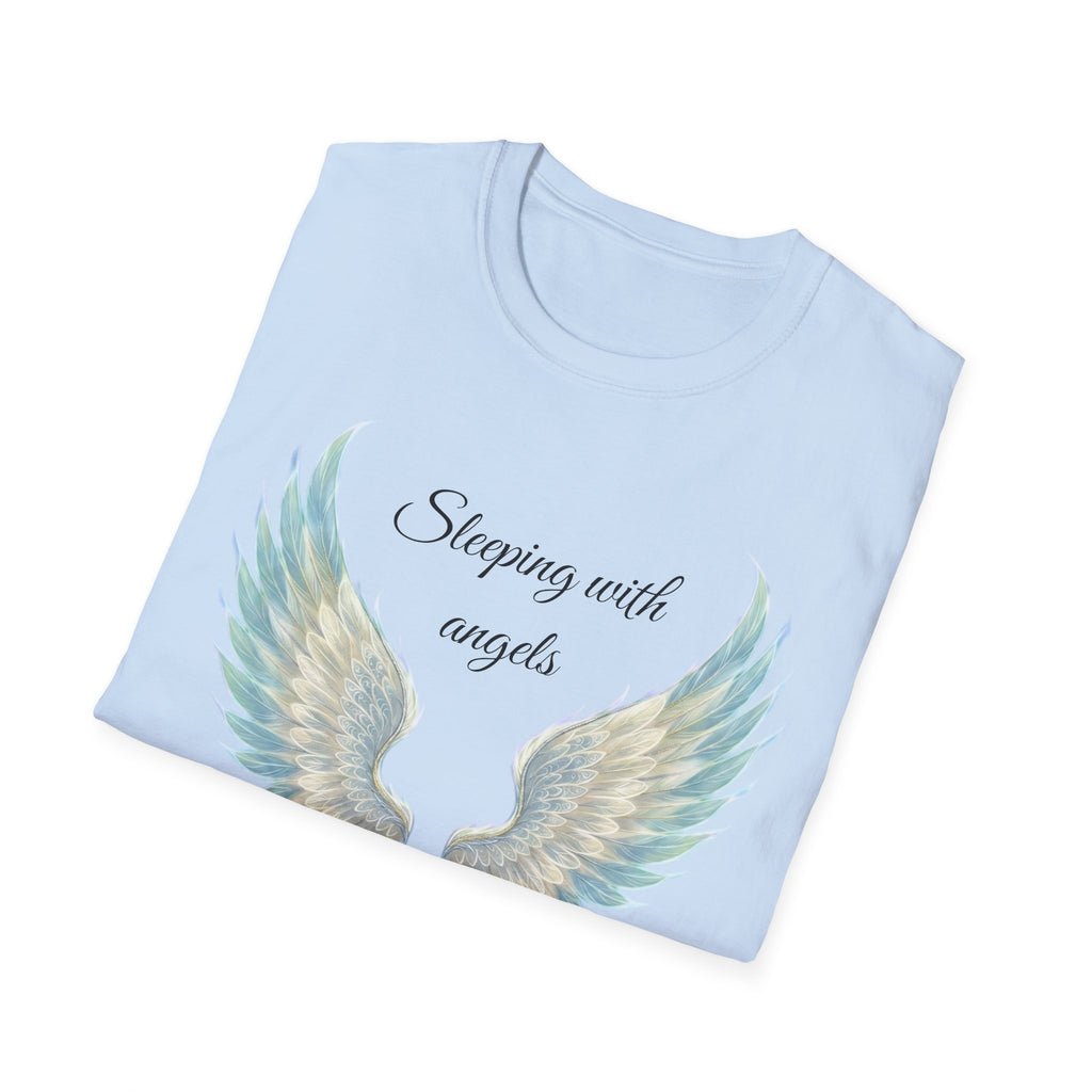 Blue Angel Wings T-Shirt — “Sleeping with angels, living with God.” Christian Faith Tee