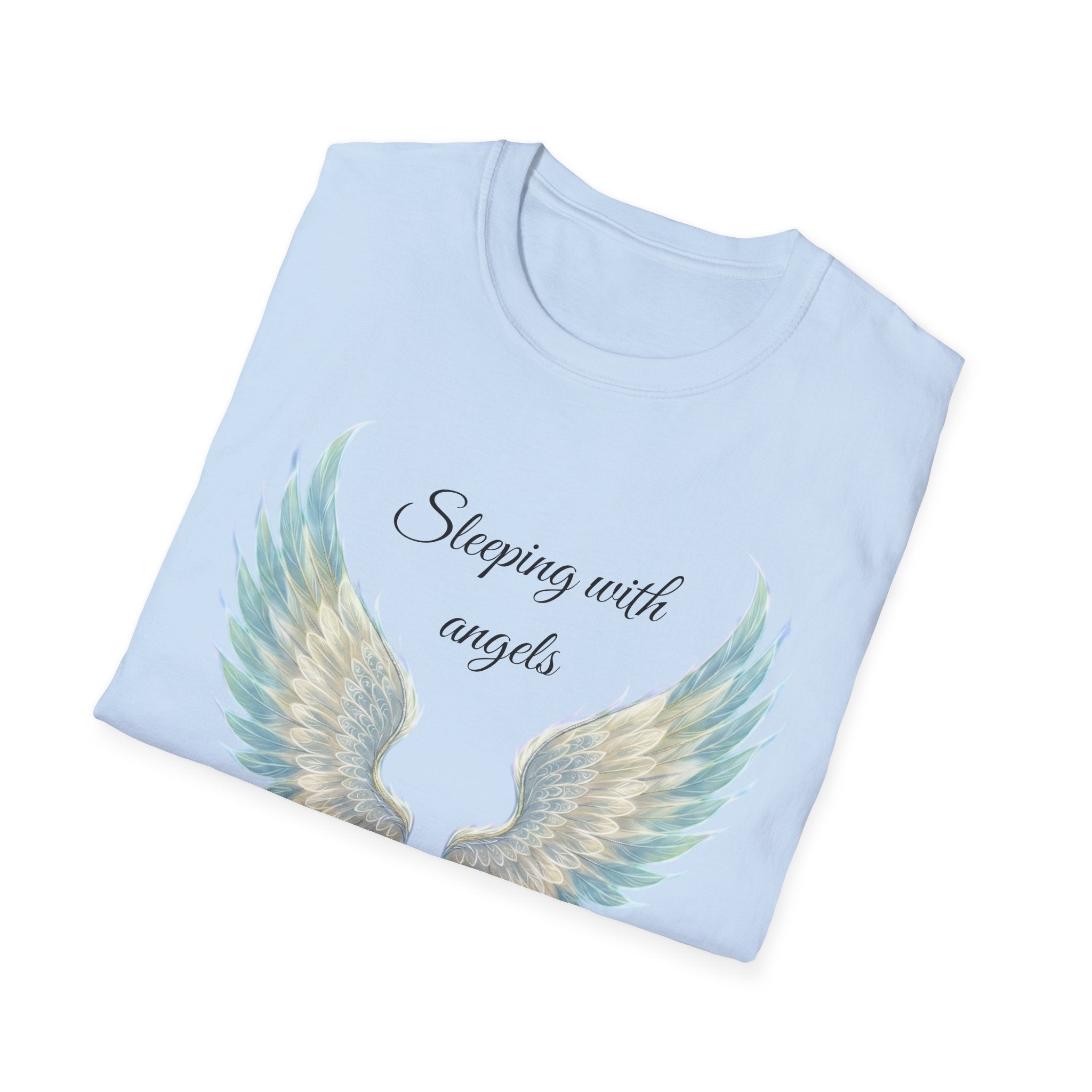 Blue Angel Wings T-Shirt — “Sleeping with angels, living with God.” Christian Faith Tee