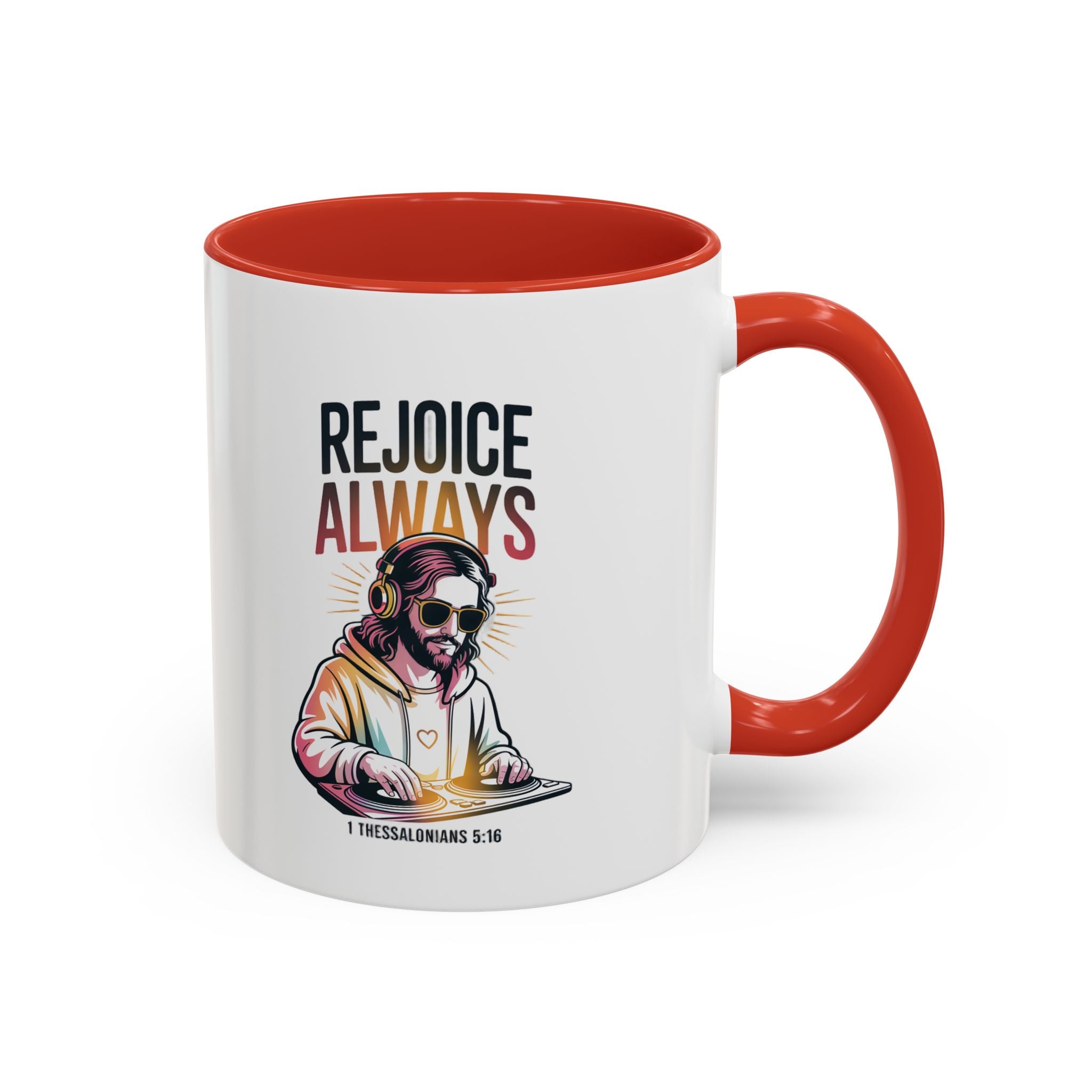 Rejoice Always DJ Coffee Mug — Accent Ceramic Bible Verse Mug (11/15 oz)