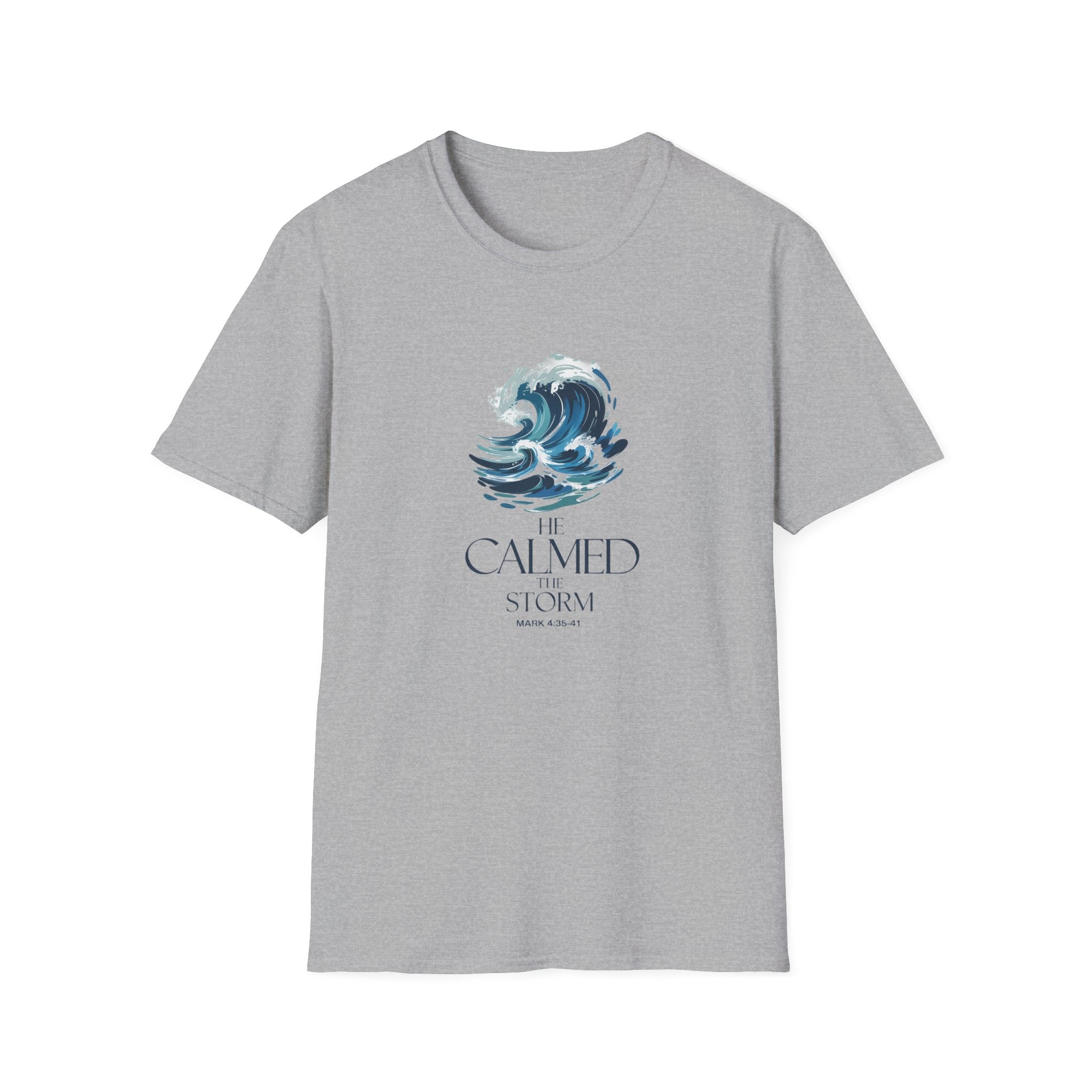 He Calmed the Storm Christian T-Shirt — Dramatic Waves Faith Tee