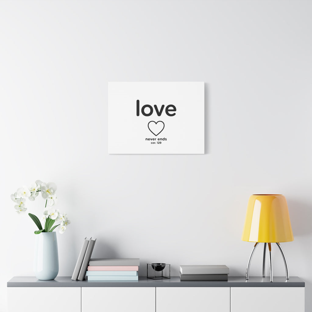 Canvas Wall Art — "love" Heart with "never ends cor. 129" Minimalist Print