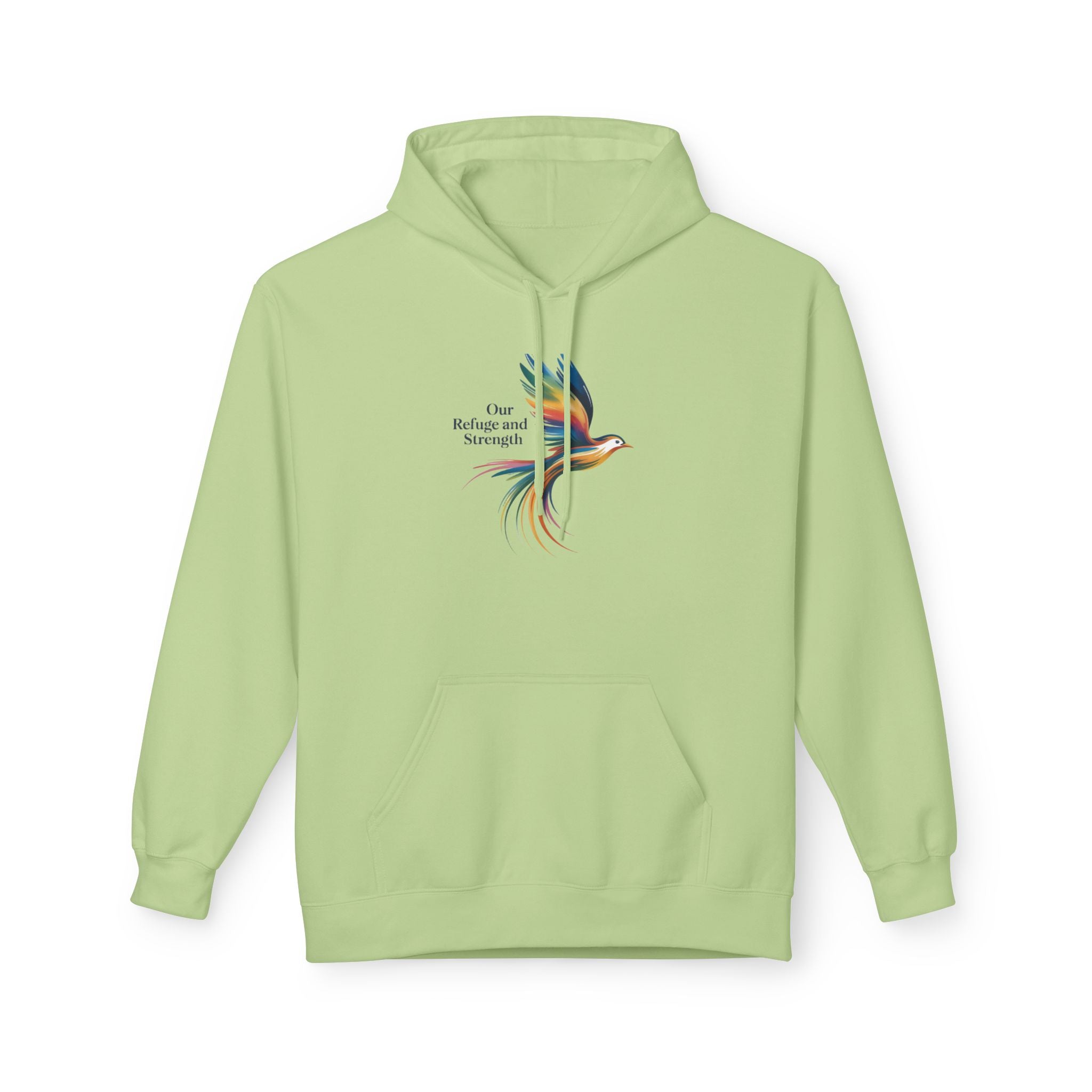 Freedom Sparrow Hoodie — Colorful Bird “One Refuge One Strength” Chest Print