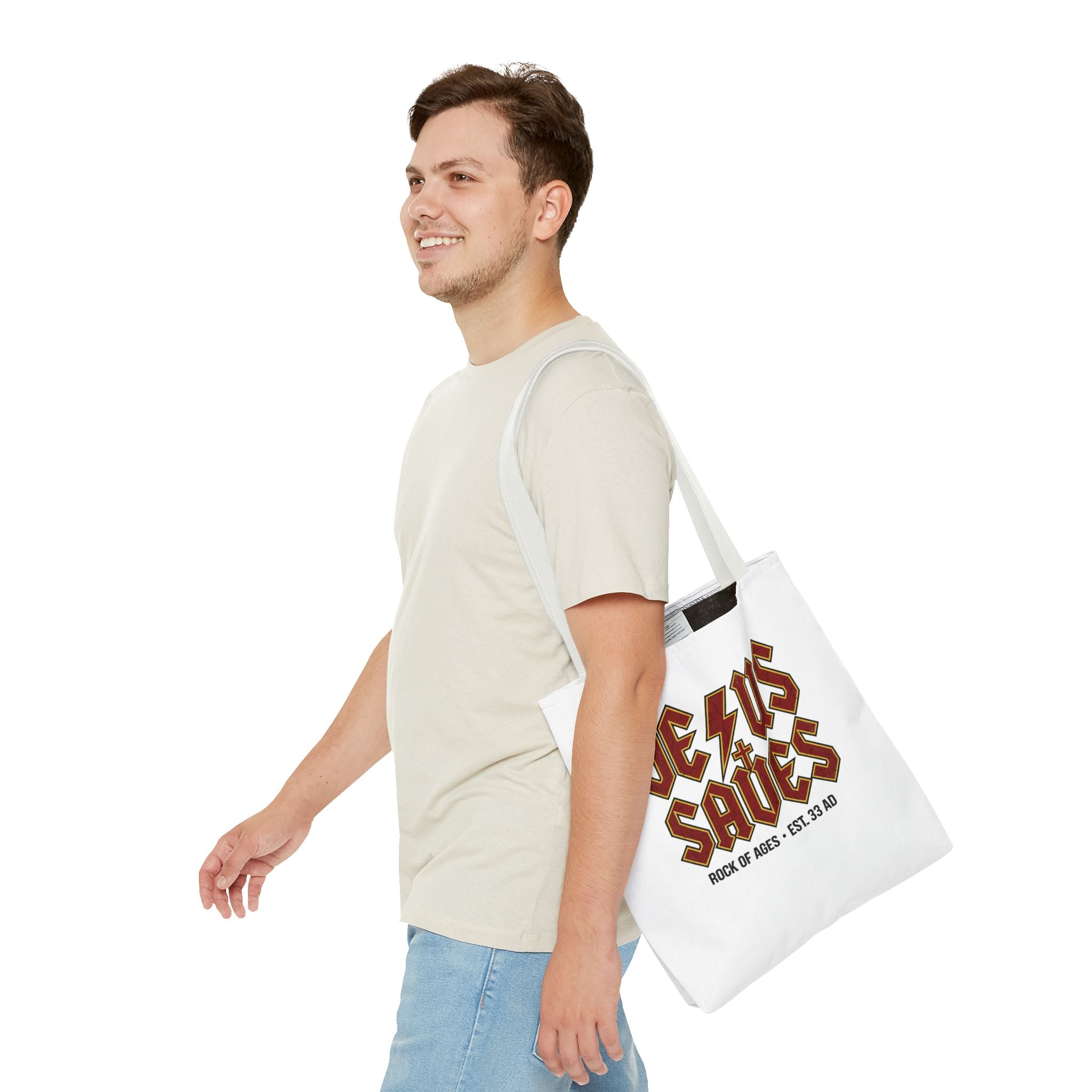 Jesus Saves Tote Bag — Rock of Ages Vintage Christian Tote