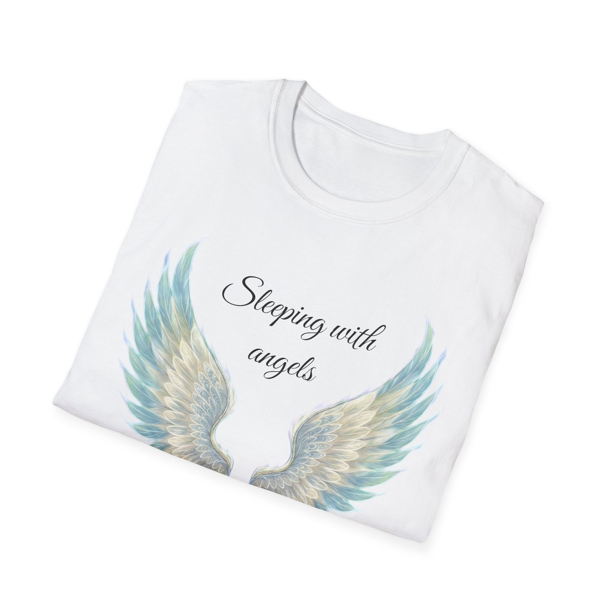 Blue Angel Wings T-Shirt — “Sleeping with angels, living with God.” Christian Faith Tee