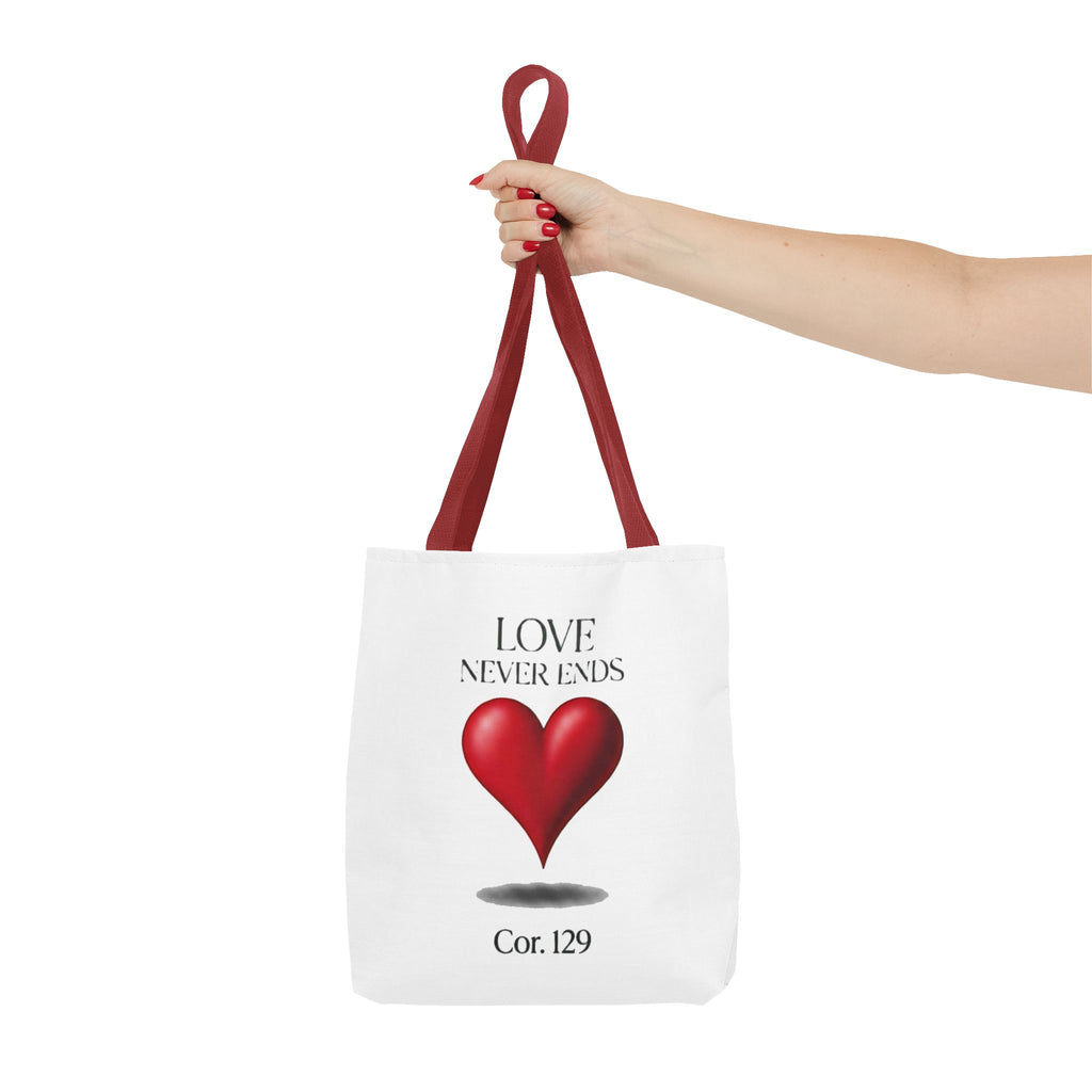 Tote Bag — “Love Never Ends” Heart Tote (Cor. 1:29)