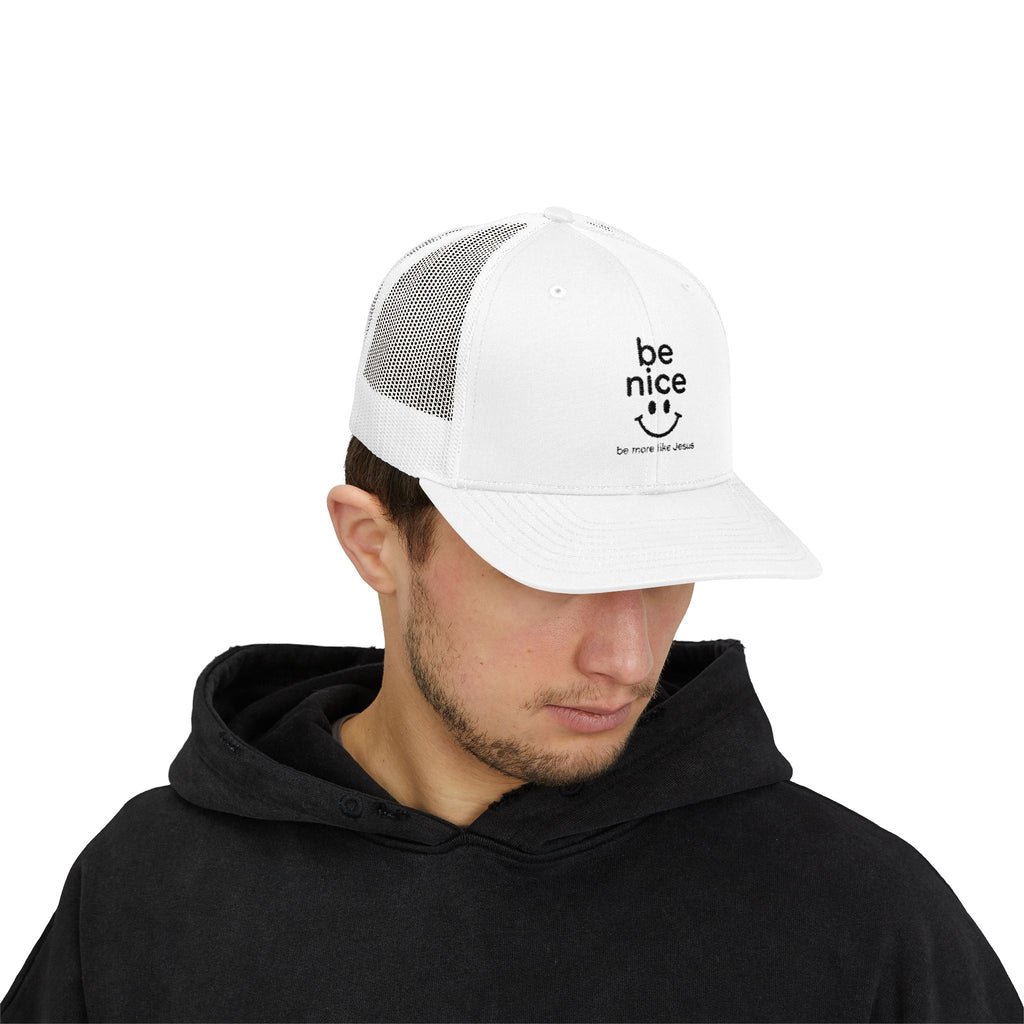 Be Nice Smiley Snapback Trucker Cap — Positive Message Mesh Hat