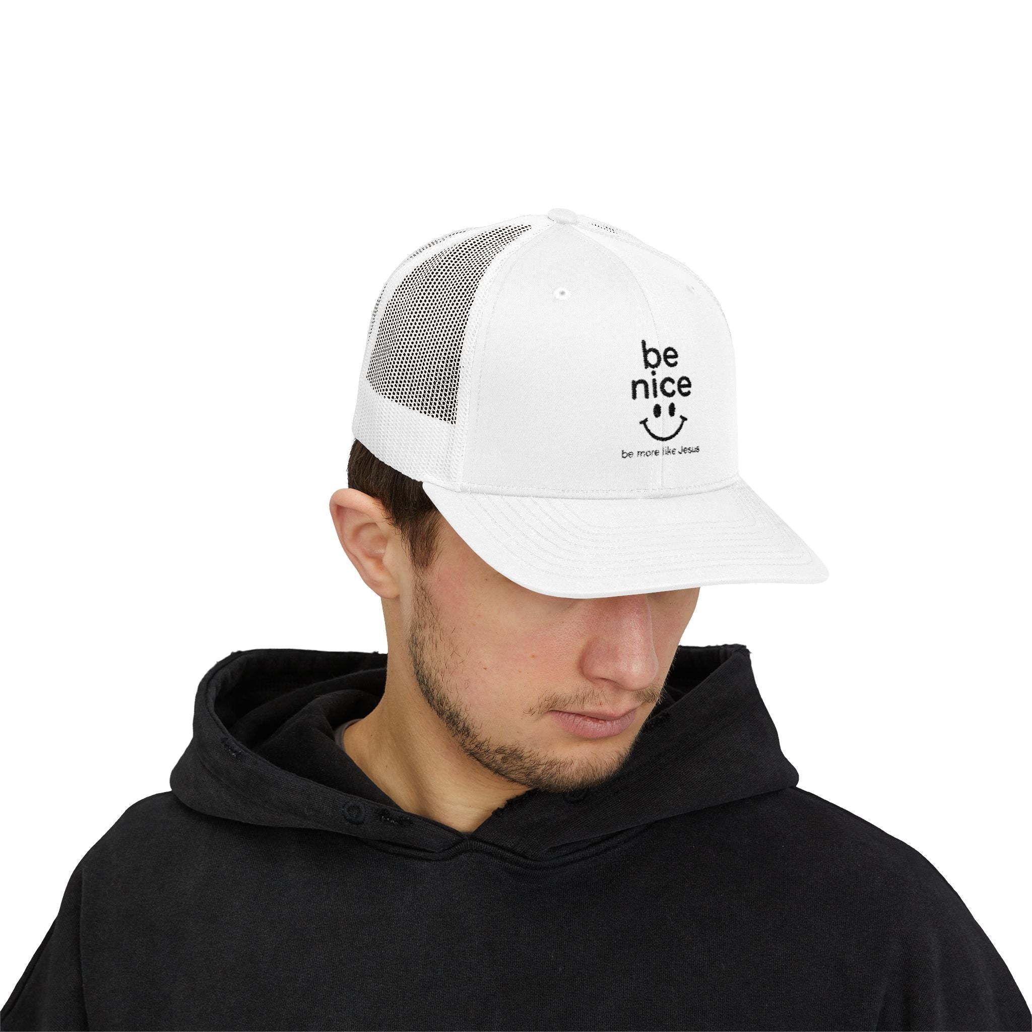 Be Nice Smiley Snapback Trucker Cap — Positive Message Mesh Hat