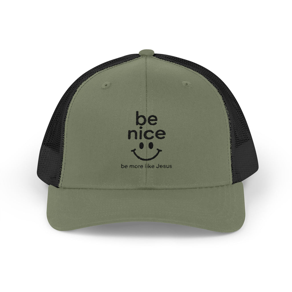 Be Nice Smiley Snapback Trucker Cap — Positive Message Mesh Hat